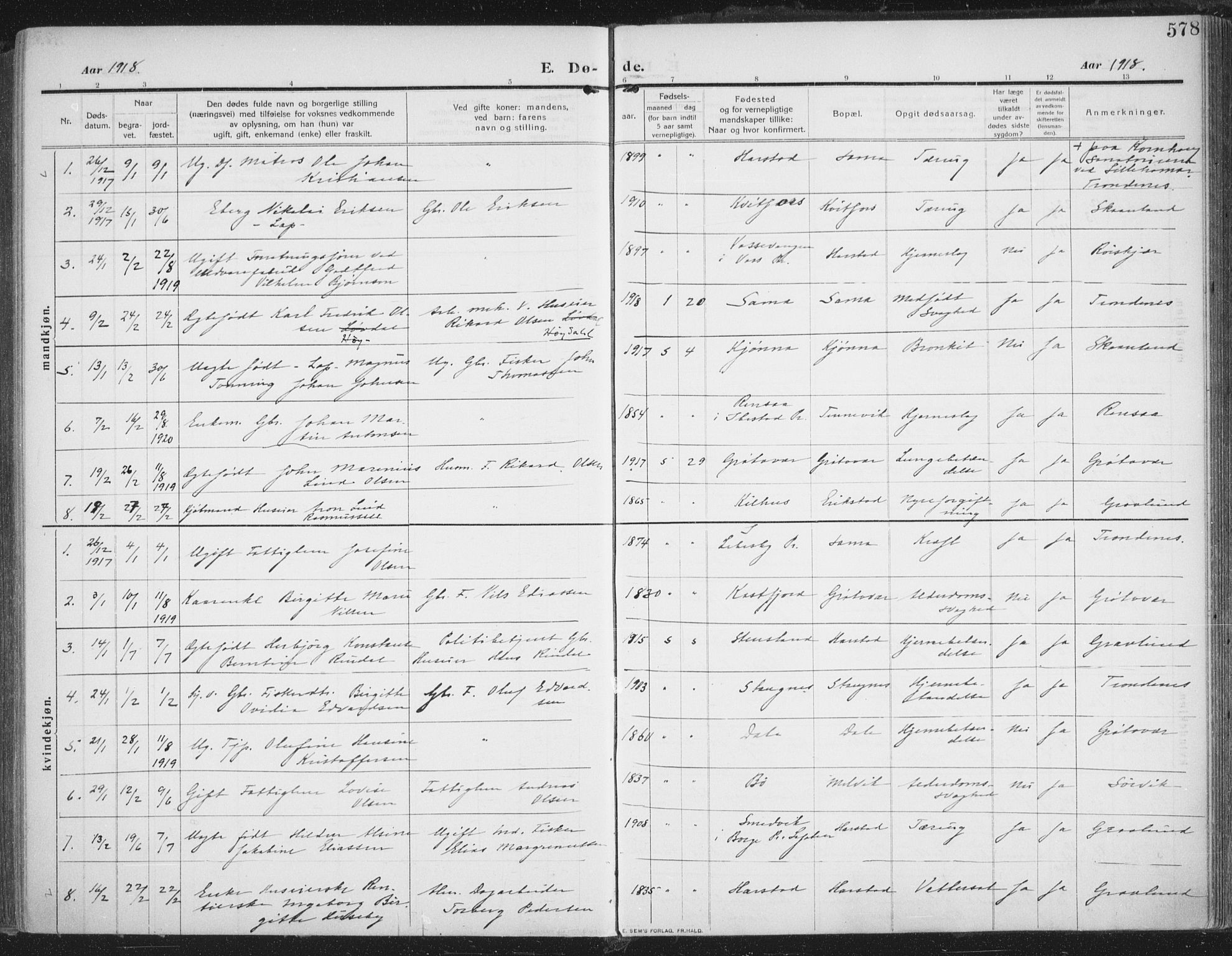 Trondenes sokneprestkontor, SATØ/S-1319/H/Ha/L0018kirke: Parish register (official) no. 18, 1909-1918, p. 578