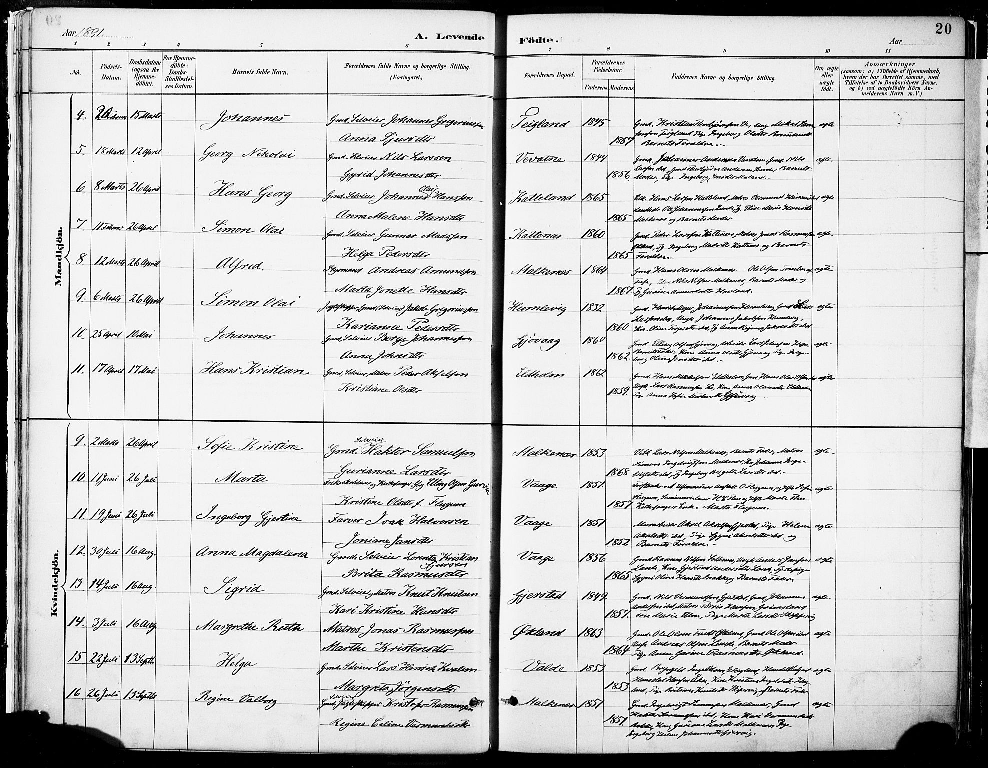Tysnes sokneprestembete, SAB/A-78601/H/Haa: Parish register (official) no. B 1, 1887-1906, p. 20