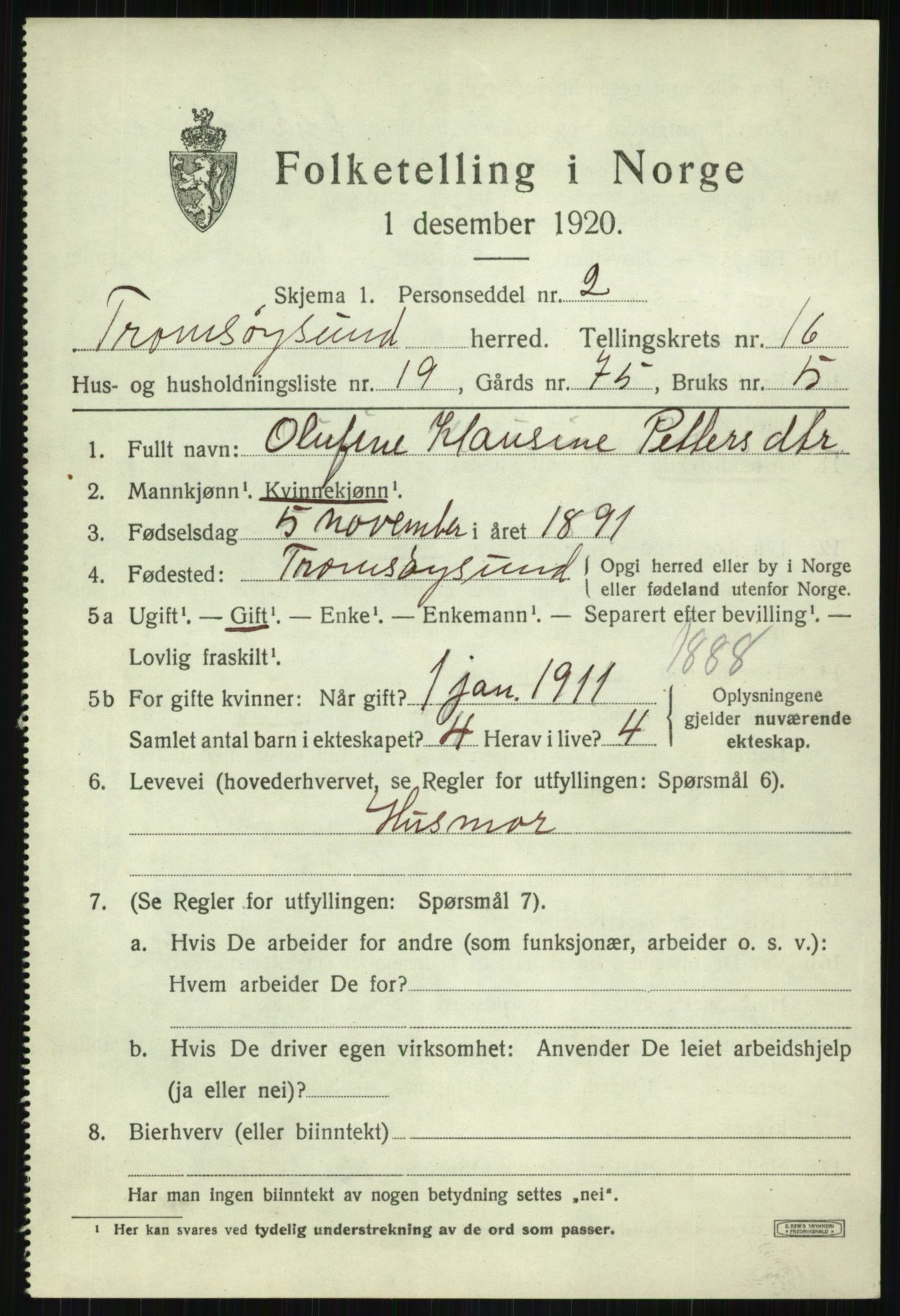 SATØ, 1920 census for Tromsøysund, 1920, p. 9630