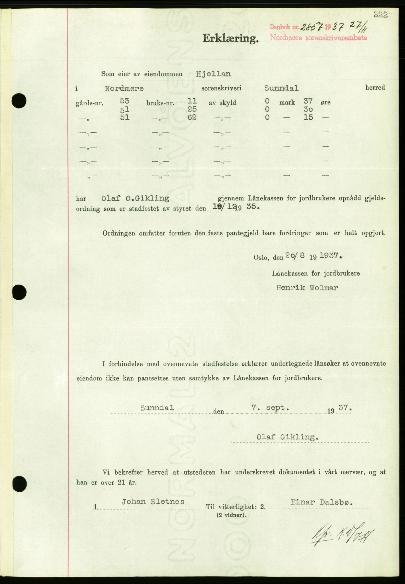 Nordmøre sorenskriveri, AV/SAT-A-4132/1/2/2Ca/L0092: Mortgage book no. B82, 1937-1938, Diary no: : 2857/1937