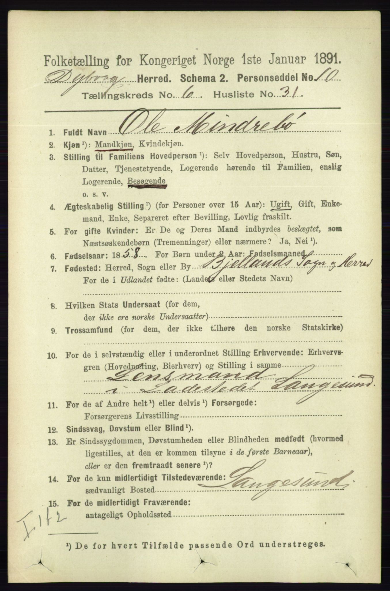 RA, 1891 census for 0915 Dypvåg, 1891, p. 1960