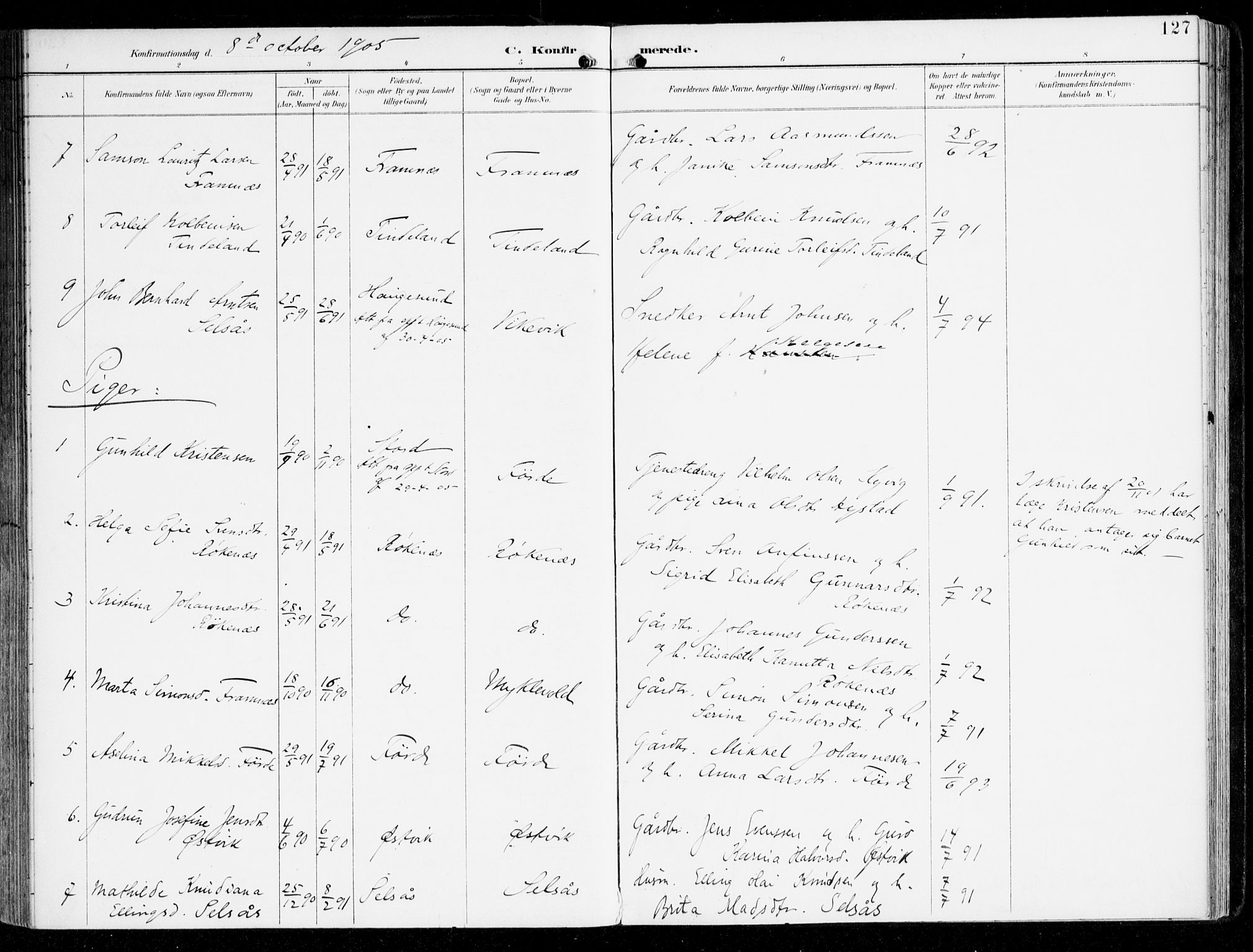 Sveio Sokneprestembete, SAB/A-78501/H/Haa: Parish register (official) no. D 2, 1894-1916, p. 127