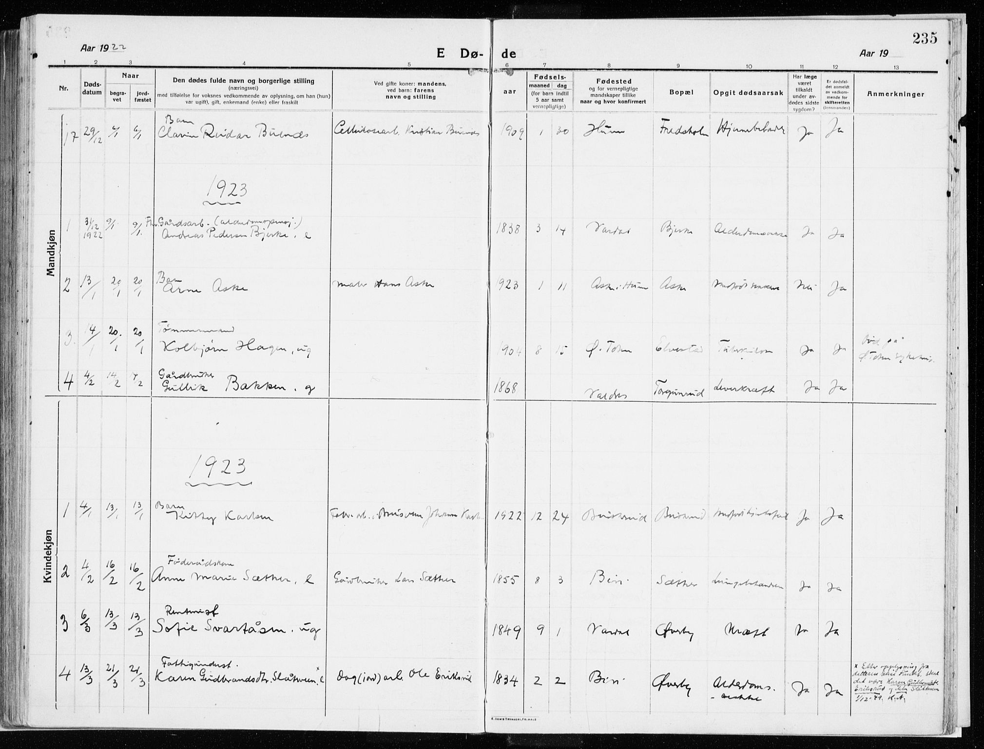 Vardal prestekontor, SAH/PREST-100/H/Ha/Haa/L0017: Parish register (official) no. 17, 1915-1929, p. 235