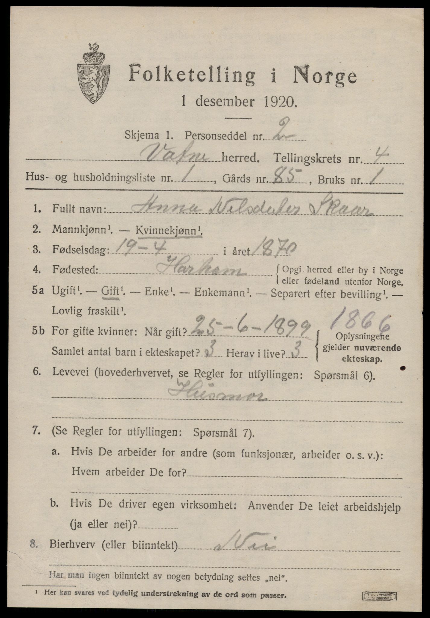 SAT, 1920 census for Vatne, 1920, p. 1814