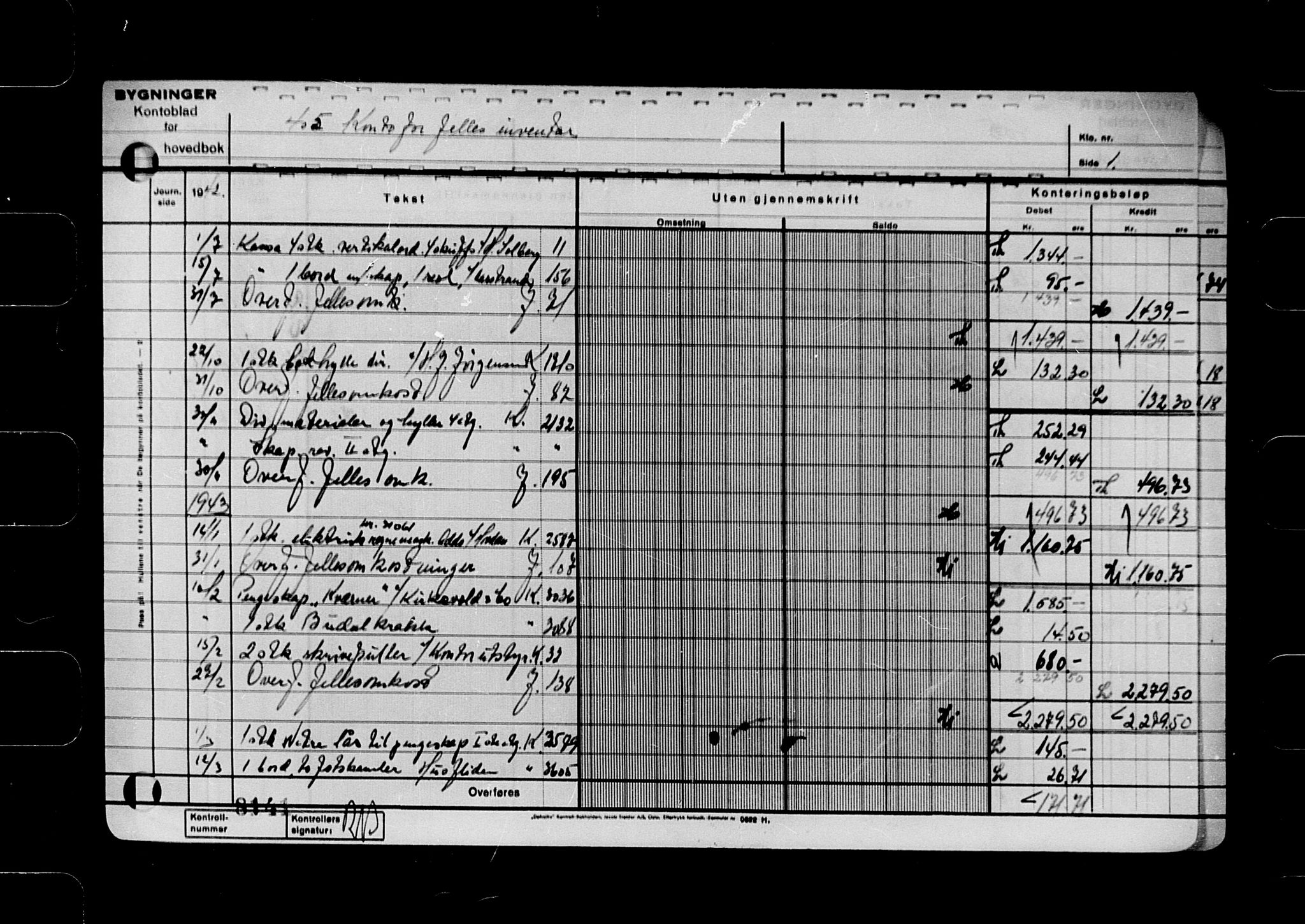 Krigsskadetrygdene for bygninger og løsøre, AV/RA-S-1548/V/L0048/0003: -- / 3. Hovedbok. Bygning. (1942-1943) negativ, 1942-1943