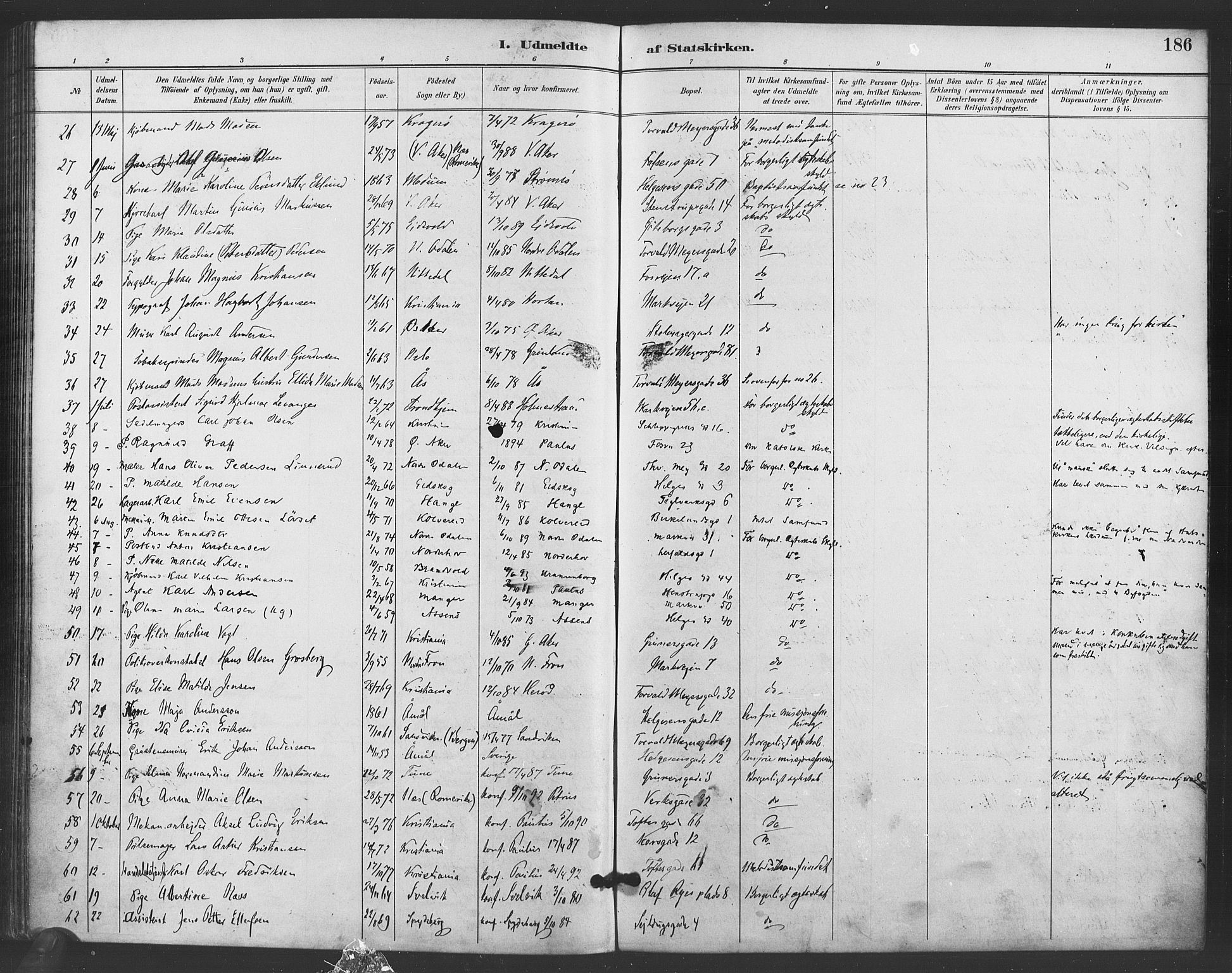 Paulus prestekontor Kirkebøker, AV/SAO-A-10871/F/Fa/L0006: Parish register (official) no. 6, 1889-1896, p. 186