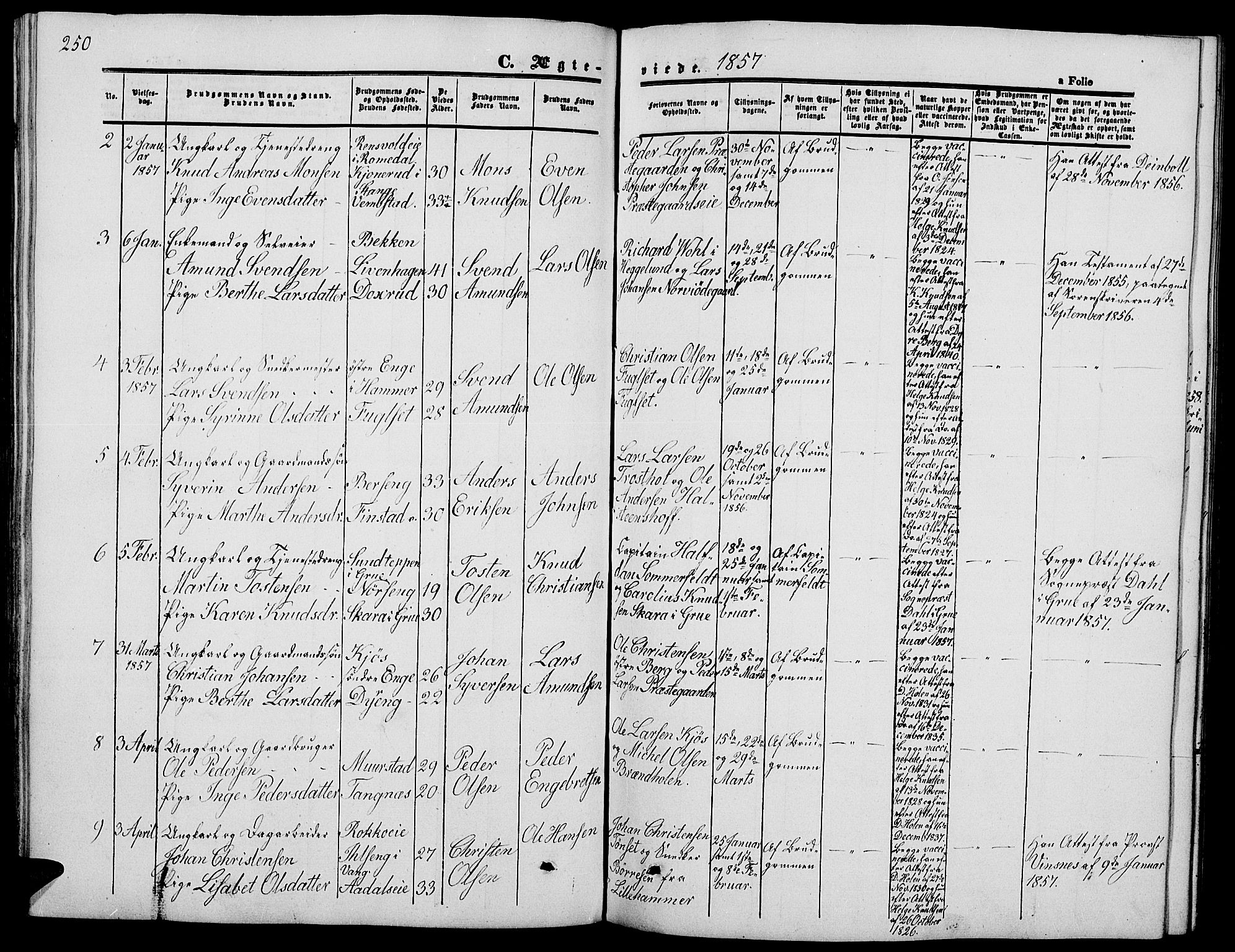 Løten prestekontor, AV/SAH-PREST-022/L/La/L0003: Parish register (copy) no. 3, 1850-1862, p. 250