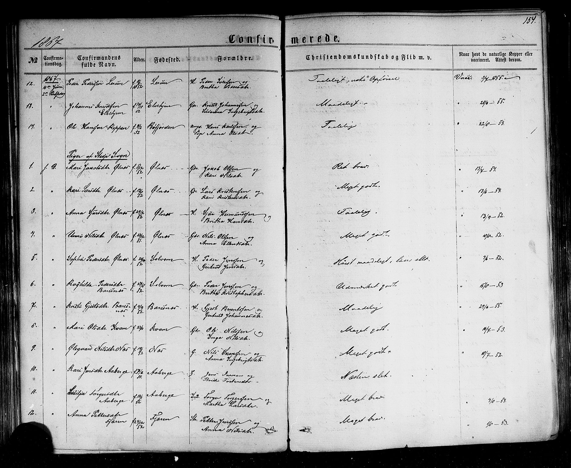 Sogndal sokneprestembete, AV/SAB-A-81301/H/Haa/Haaa/L0013: Parish register (official) no. A 13, 1859-1877, p. 154