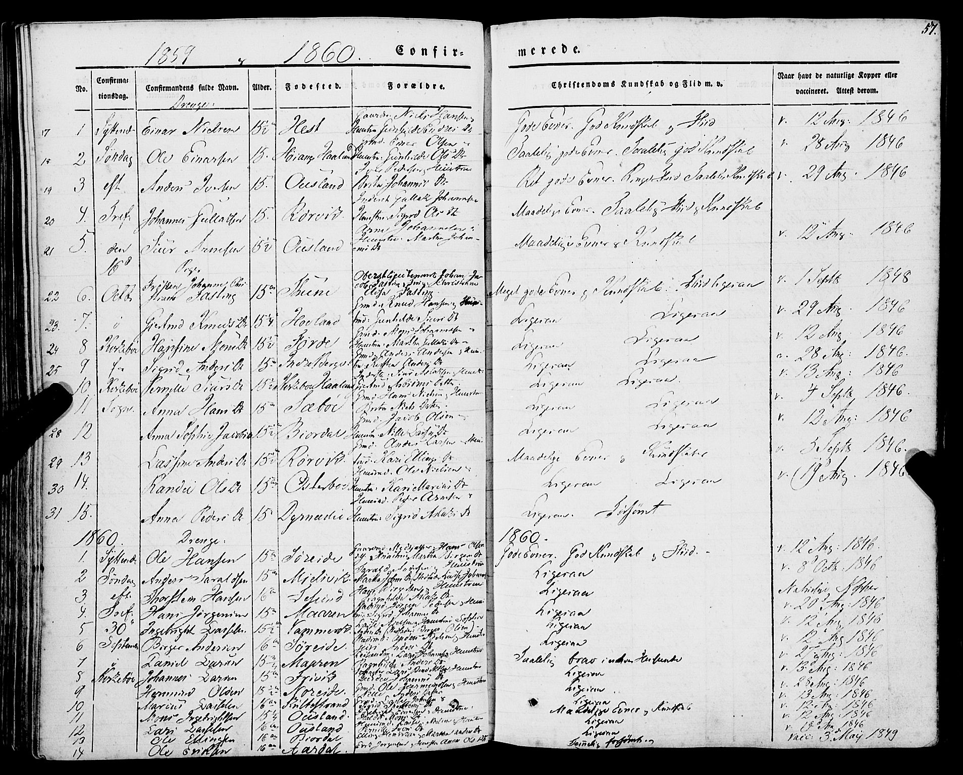 Lavik sokneprestembete, AV/SAB-A-80901: Parish register (official) no. A 3, 1843-1863, p. 57