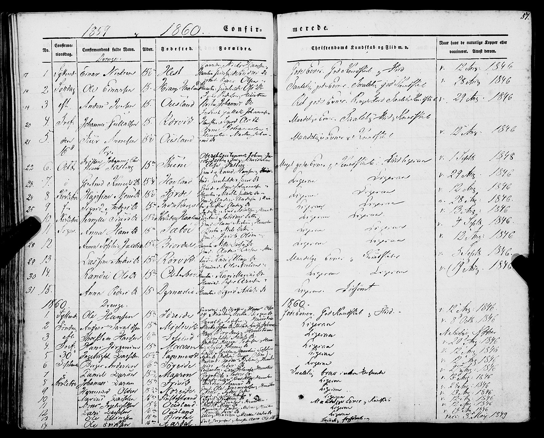 Lavik sokneprestembete, SAB/A-80901: Parish register (official) no. A 3, 1843-1863, p. 57