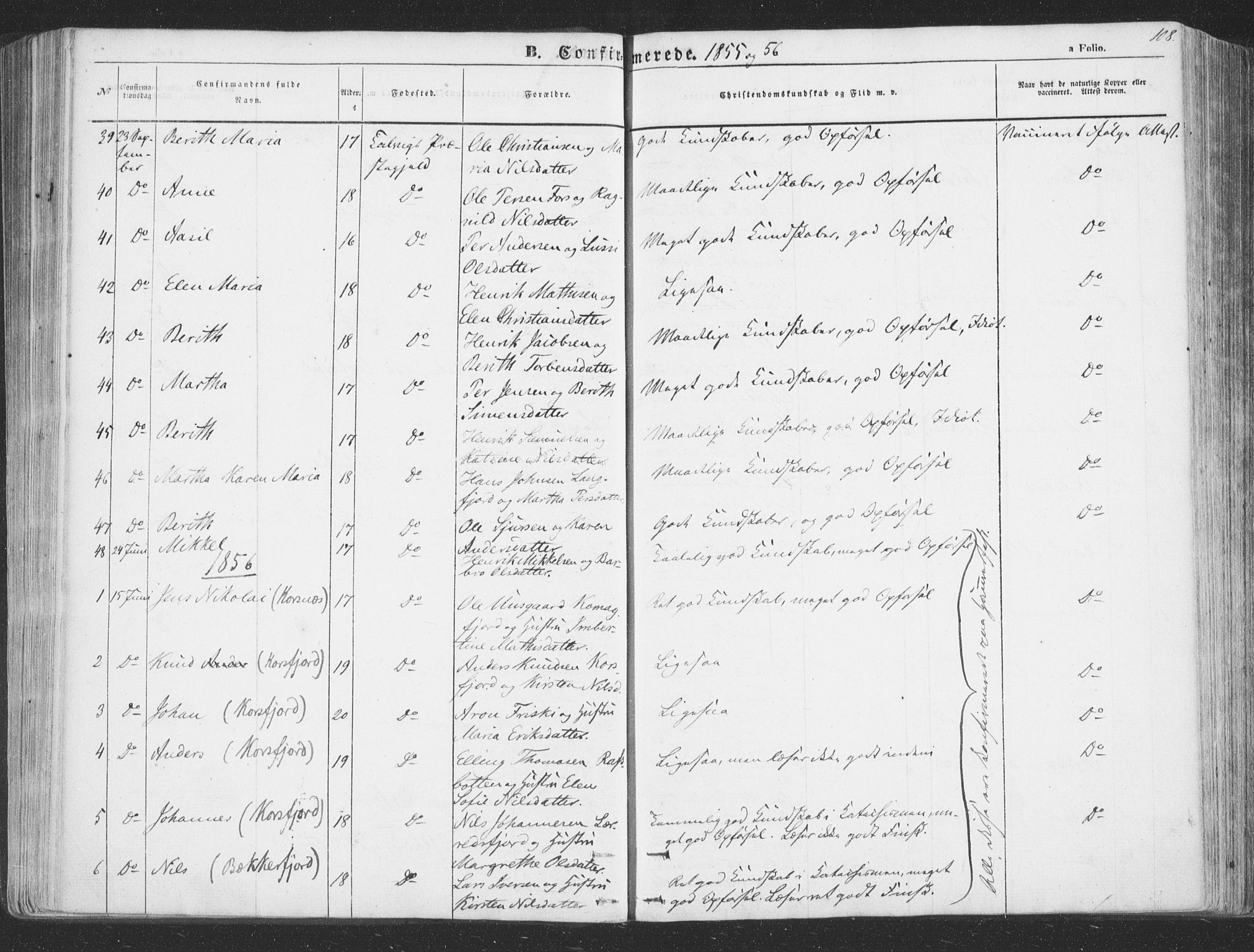 Talvik sokneprestkontor, SATØ/S-1337/H/Ha/L0010kirke: Parish register (official) no. 10, 1852-1864, p. 108