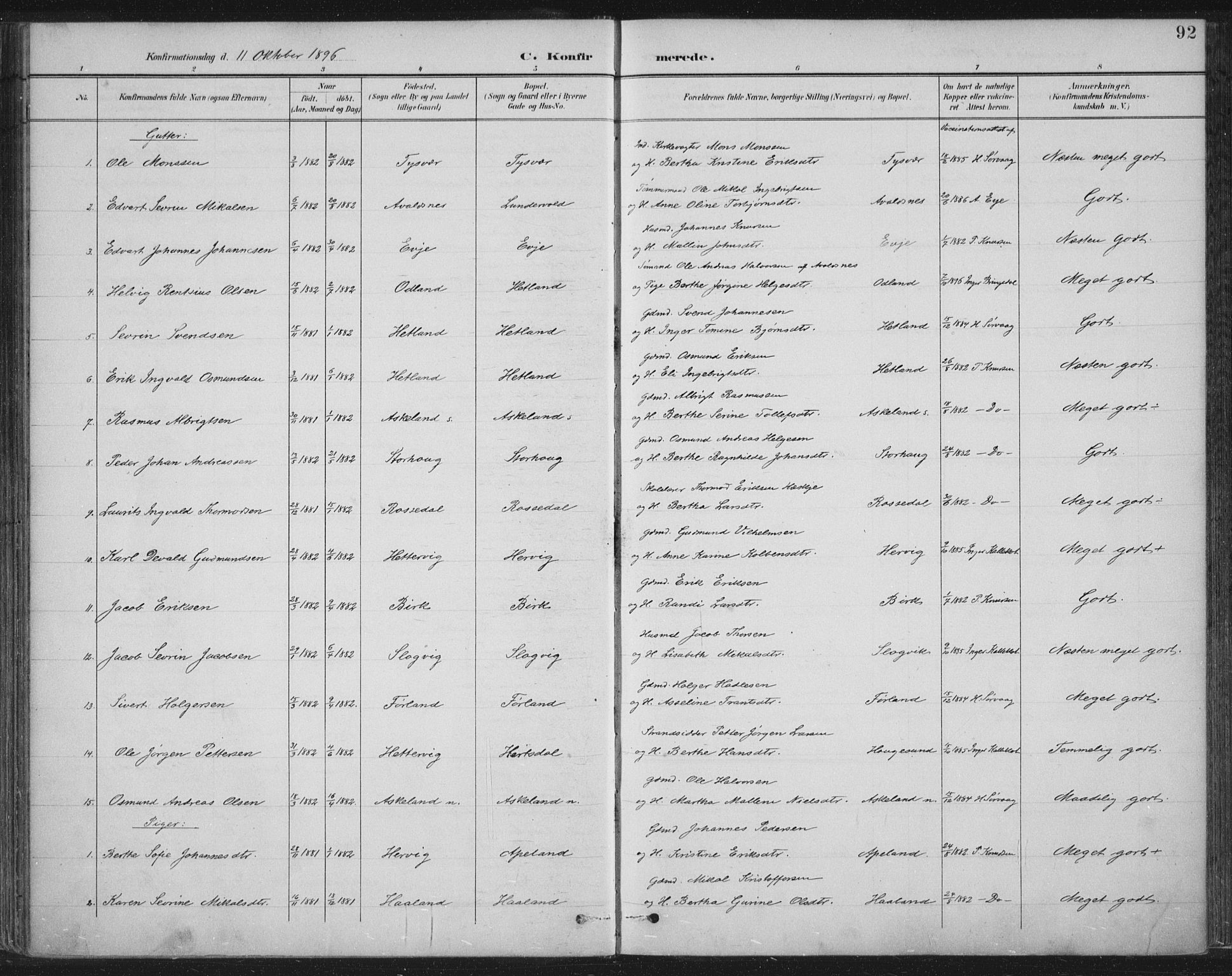 Tysvær sokneprestkontor, AV/SAST-A -101864/H/Ha/Haa/L0008: Parish register (official) no. A 8, 1897-1918, p. 92