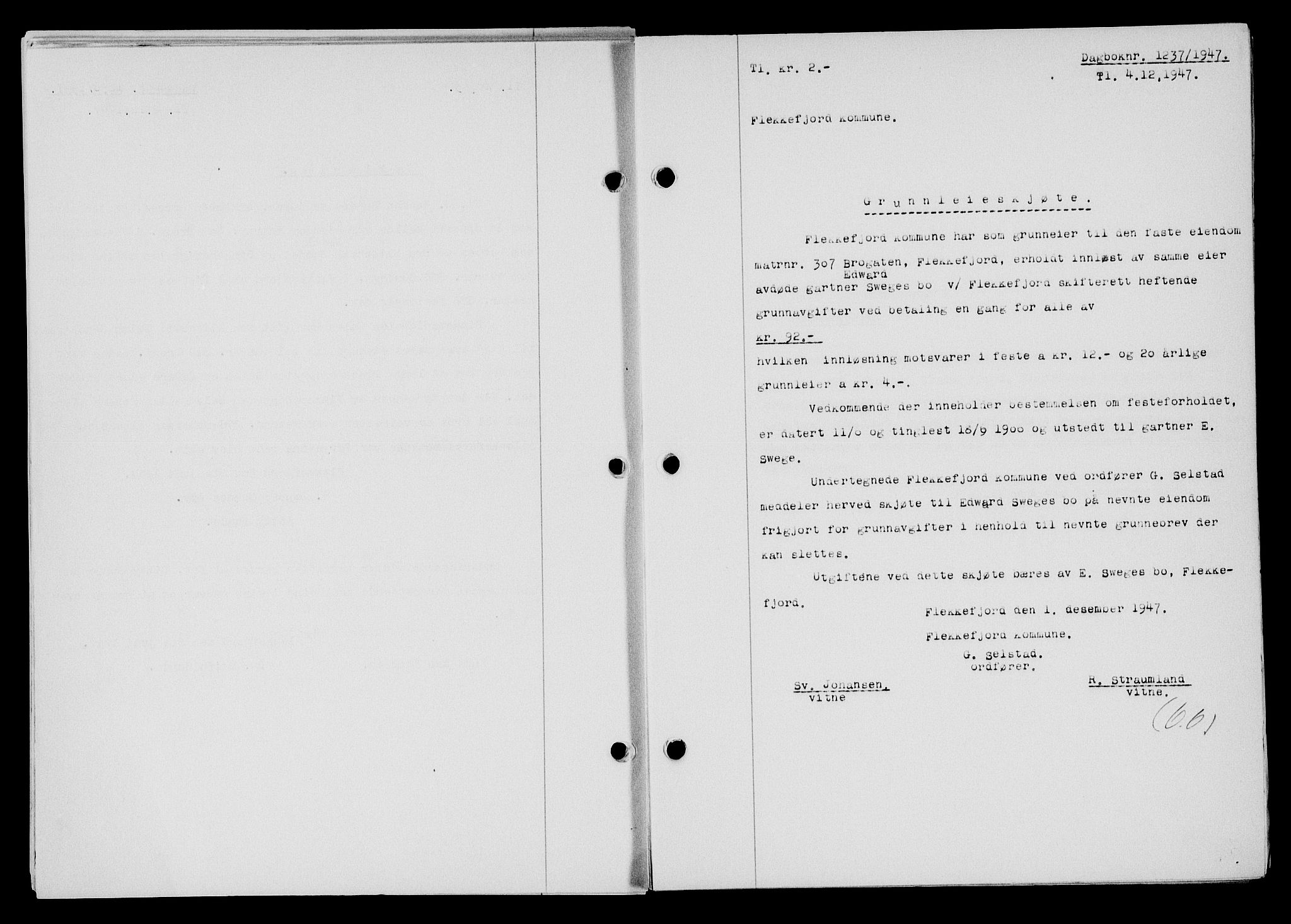 Flekkefjord sorenskriveri, SAK/1221-0001/G/Gb/Gba/L0063: Mortgage book no. A-11, 1947-1948, Diary no: : 1237/1947