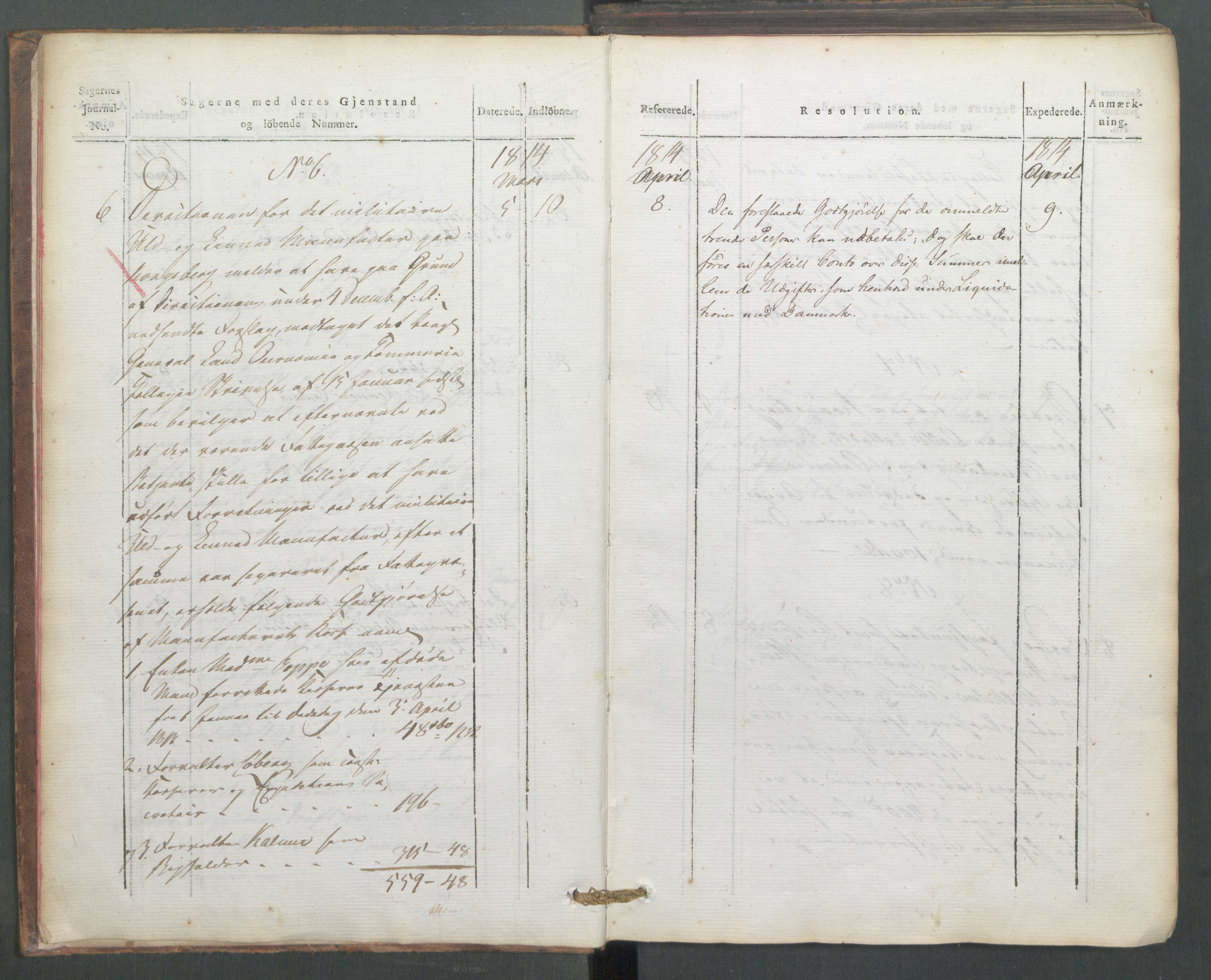 Departementene i 1814, AV/RA-S-3899/Fe/L0054: Journal, 1814