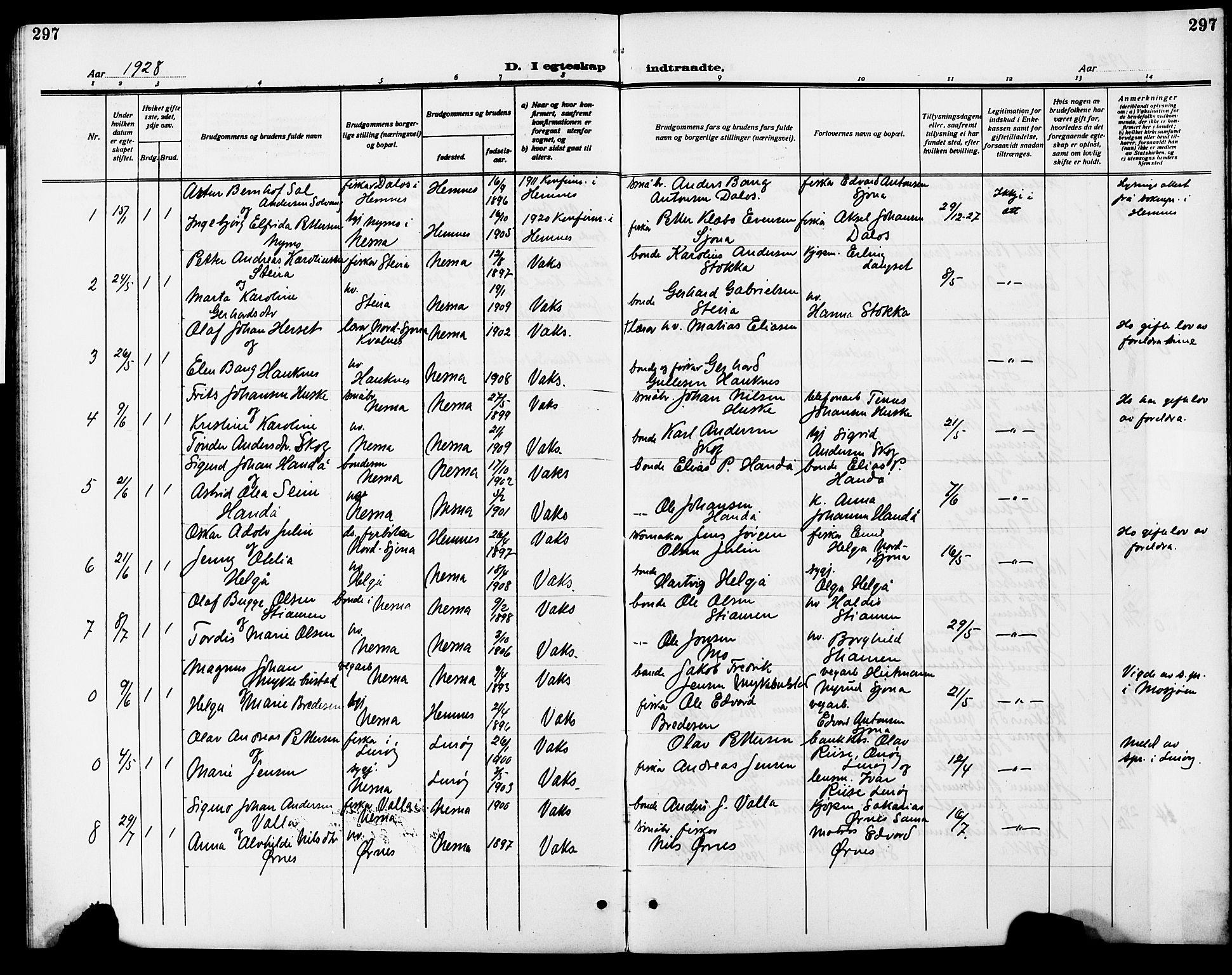 Ministerialprotokoller, klokkerbøker og fødselsregistre - Nordland, AV/SAT-A-1459/838/L0560: Parish register (copy) no. 838C07, 1910-1928, p. 297