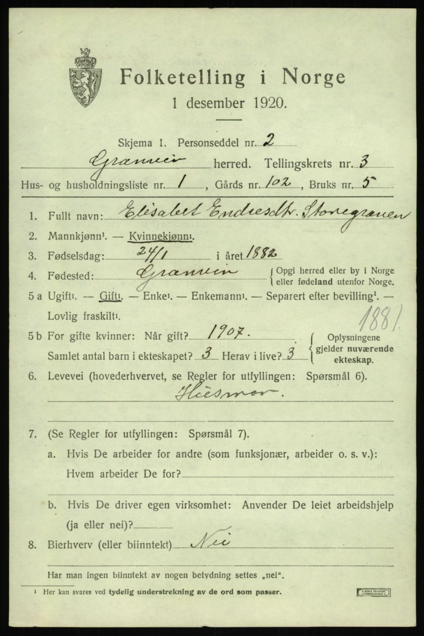 SAB, 1920 census for Granvin, 1920, p. 1178