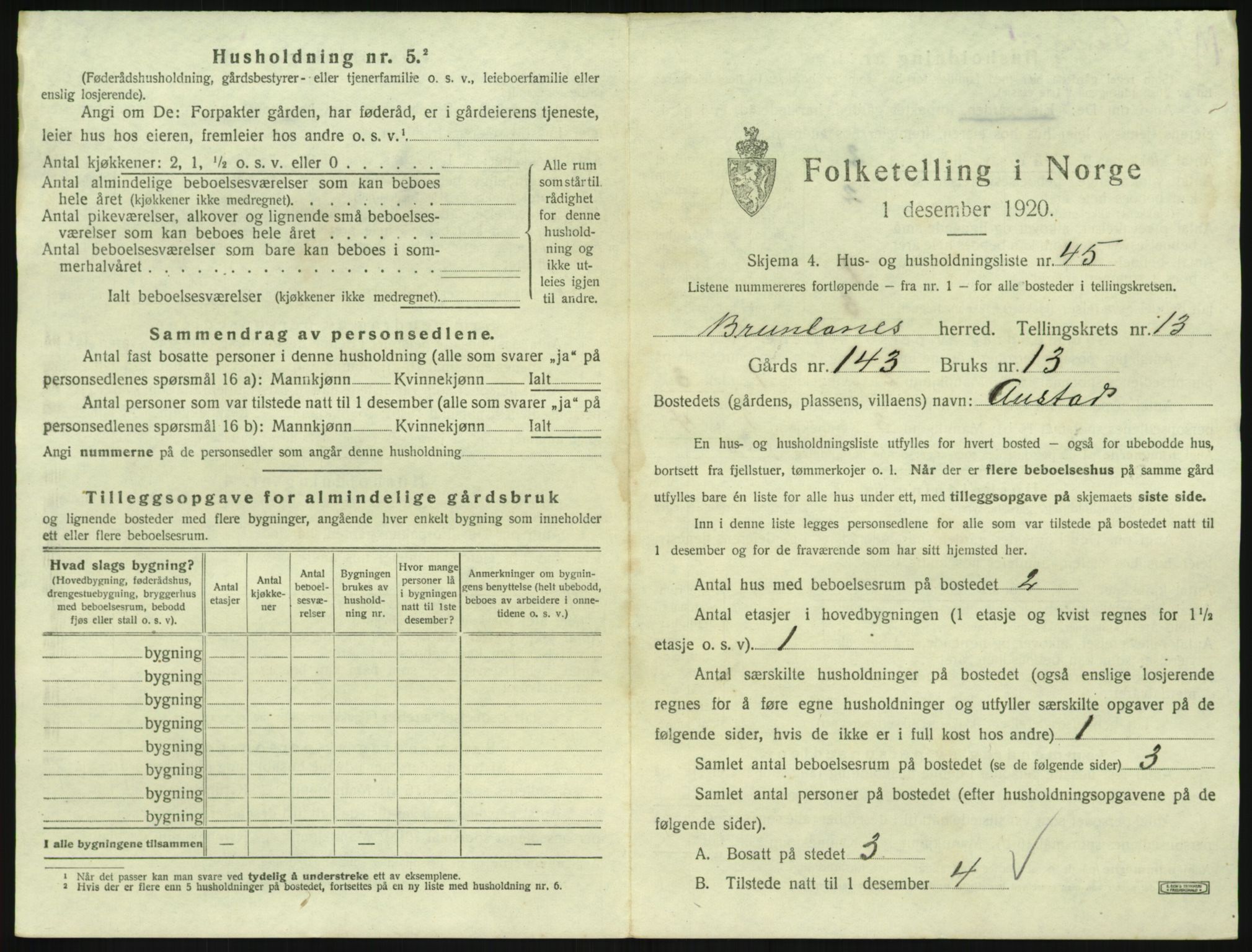 SAKO, 1920 census for Brunlanes, 1920, p. 1839