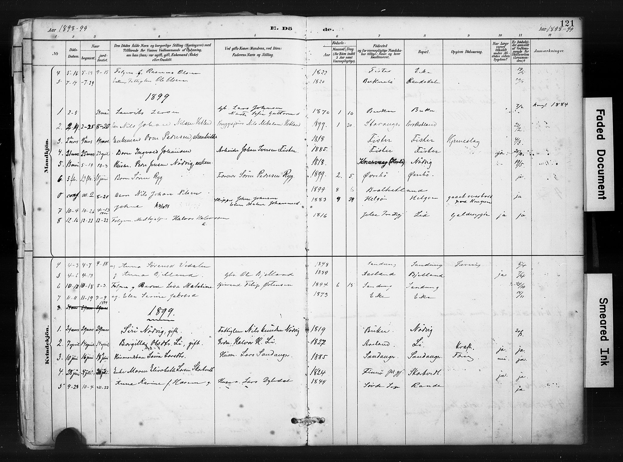 Hjelmeland sokneprestkontor, SAST/A-101843/01/IV/L0015: Parish register (official) no. A 15, 1887-1910, p. 121