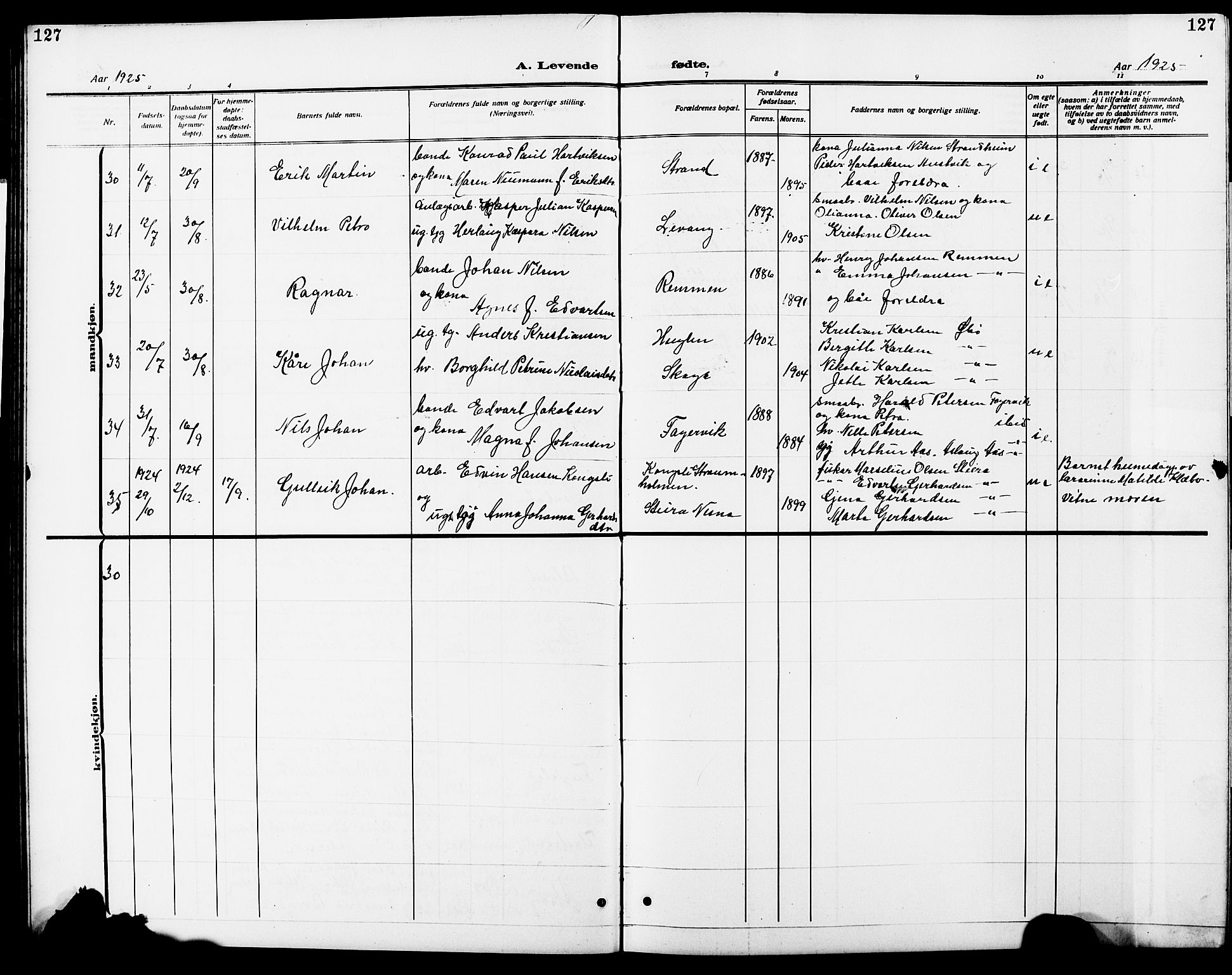 Ministerialprotokoller, klokkerbøker og fødselsregistre - Nordland, AV/SAT-A-1459/838/L0560: Parish register (copy) no. 838C07, 1910-1928, p. 127