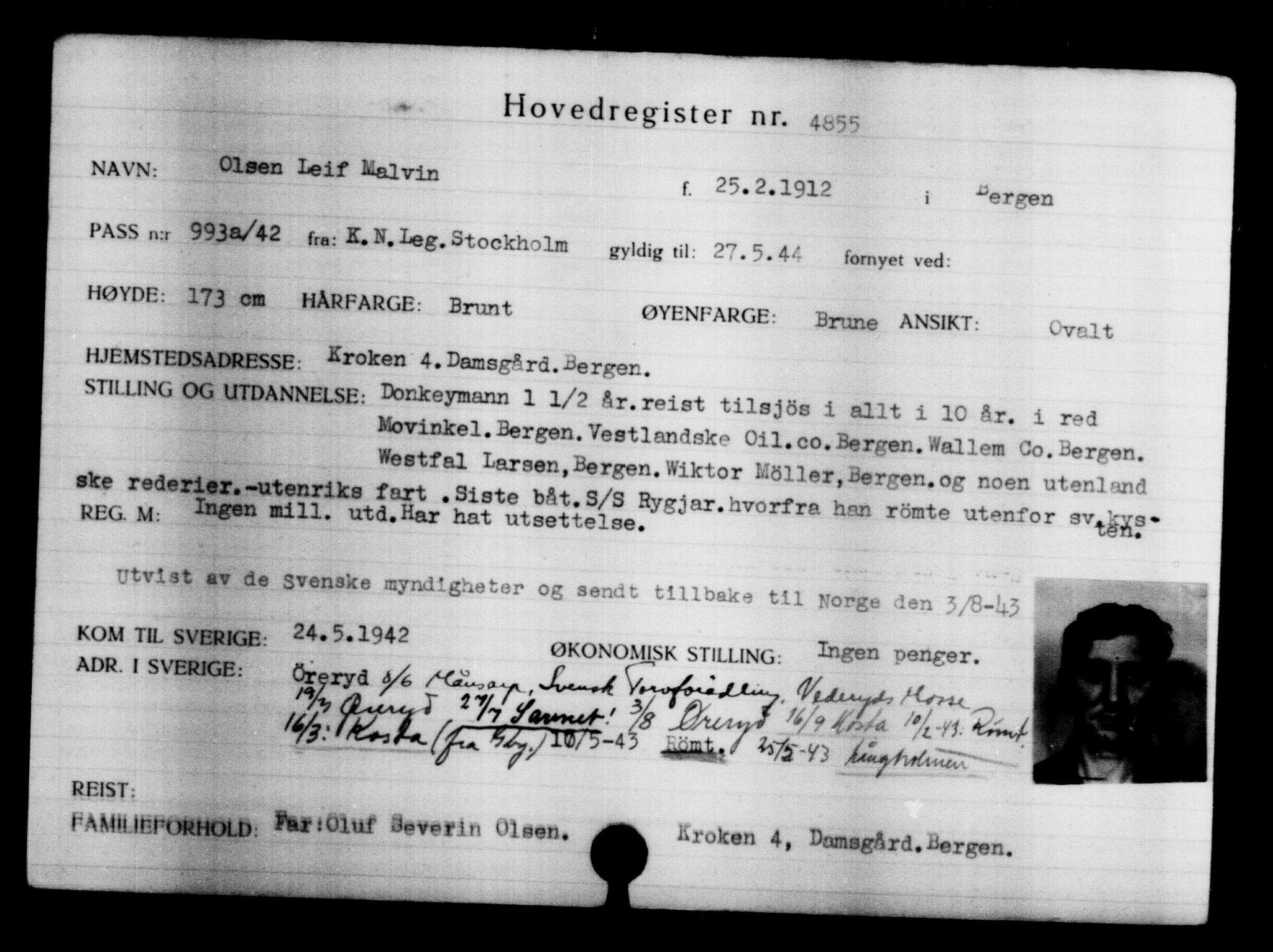Utenriksstasjonene, Legasjonen i Stockholm, Flyktningkontoret, AV/RA-S-6753/V/Va/L0004: Kjesäterkartoteket, flyktninger med registreringsnr. 3496-6610, 1940-1945, p. 1614