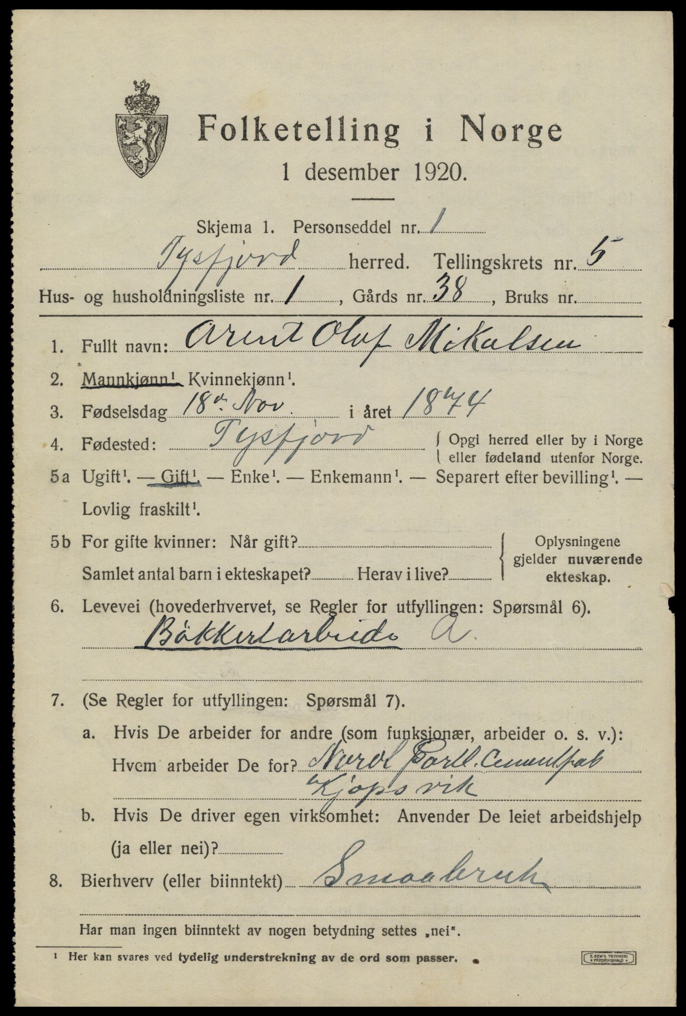 SAT, 1920 census for Tysfjord, 1920, p. 4043