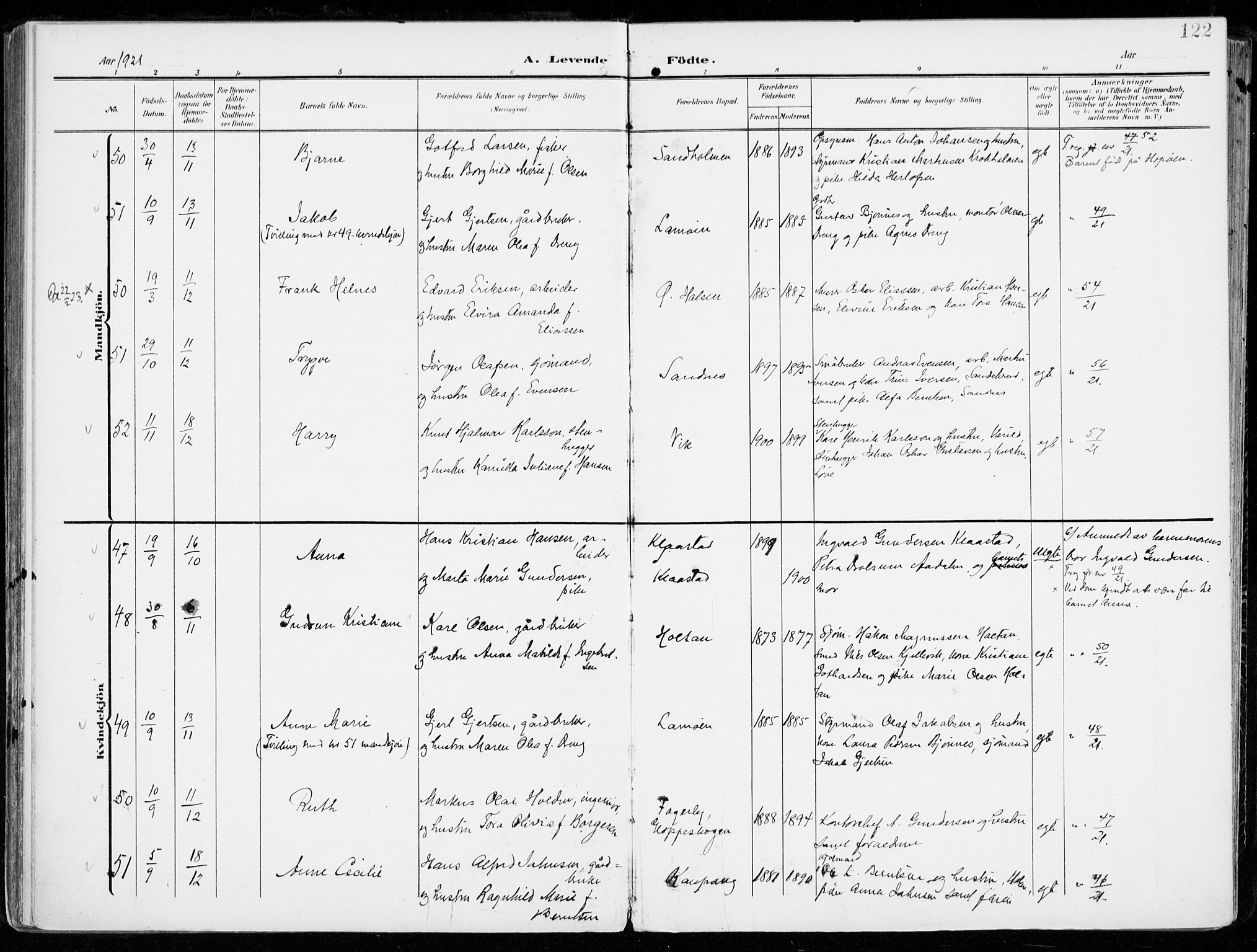 Tjølling kirkebøker, AV/SAKO-A-60/F/Fa/L0010: Parish register (official) no. 10, 1906-1923, p. 122