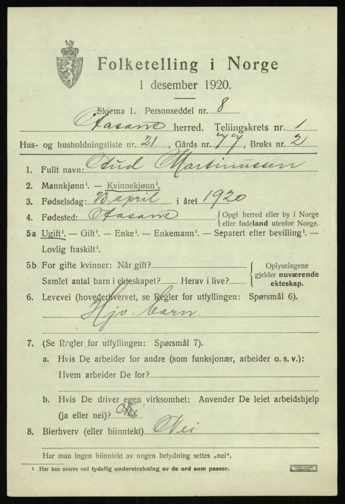 SAB, 1920 census for Åsane, 1920, p. 1127