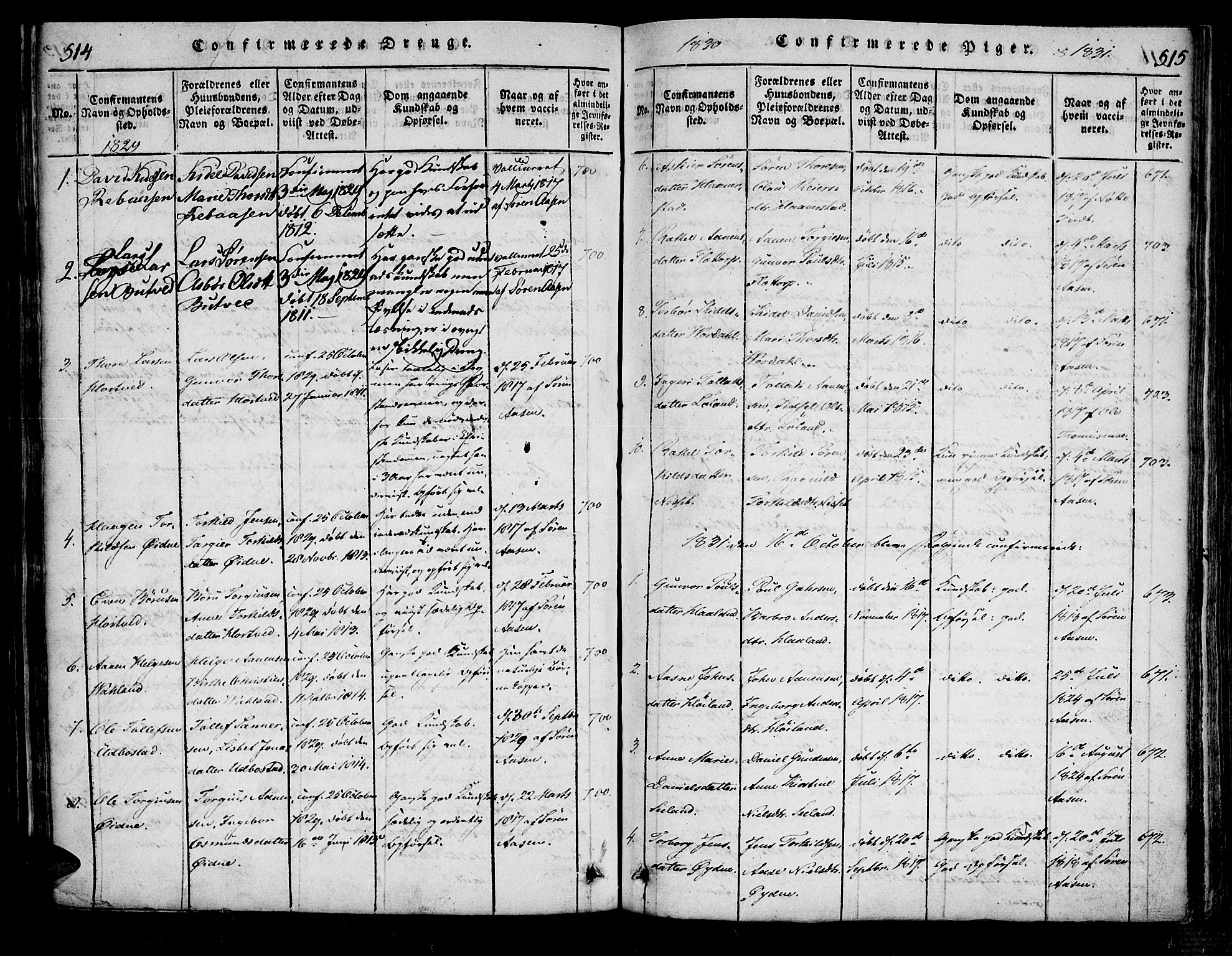 Bjelland sokneprestkontor, SAK/1111-0005/F/Fa/Fac/L0001: Parish register (official) no. A 1, 1815-1866, p. 514-515