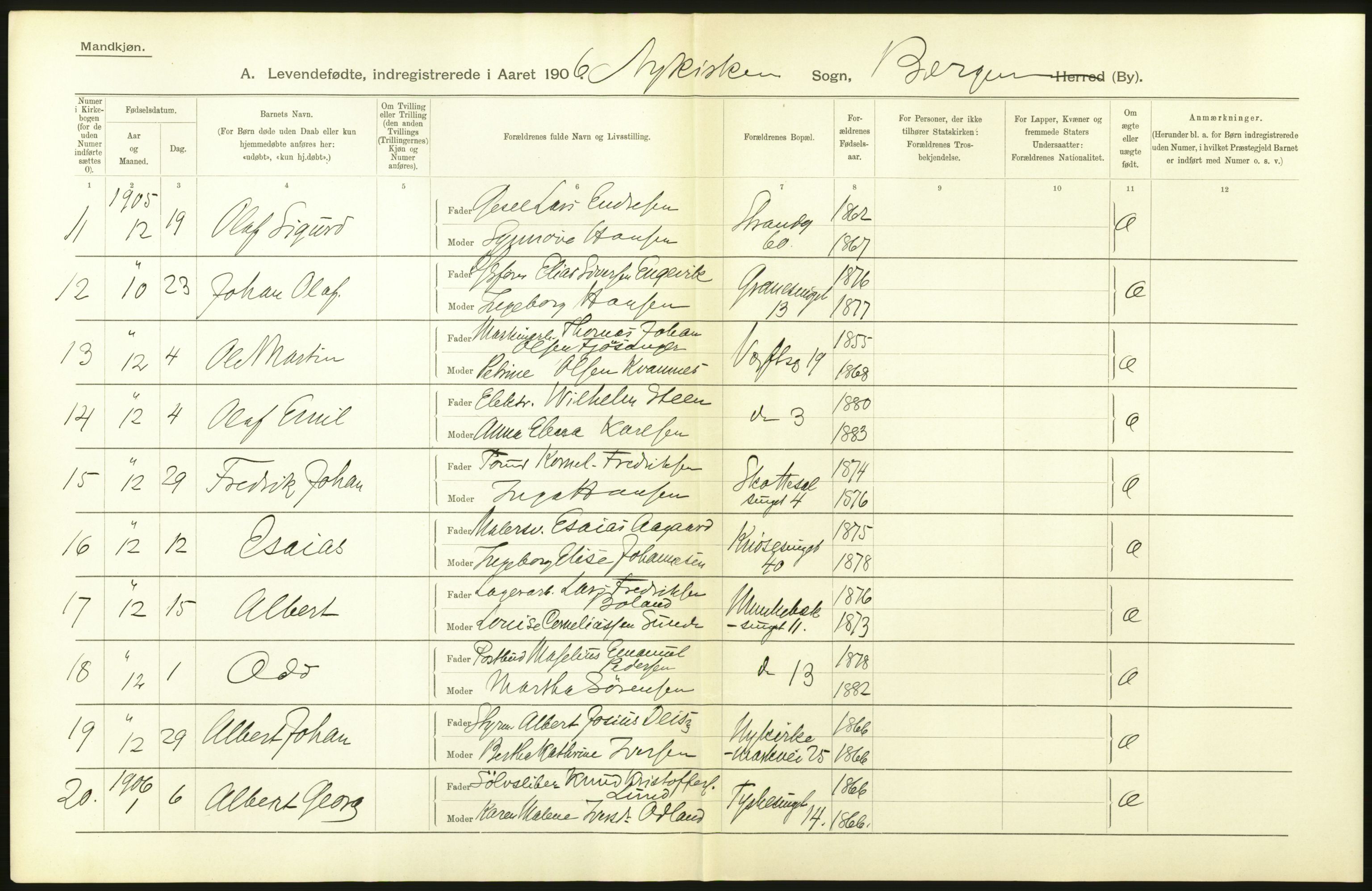 Statistisk sentralbyrå, Sosiodemografiske emner, Befolkning, AV/RA-S-2228/D/Df/Dfa/Dfad/L0031: Bergen: Levendefødte menn og kvinner., 1906, p. 40