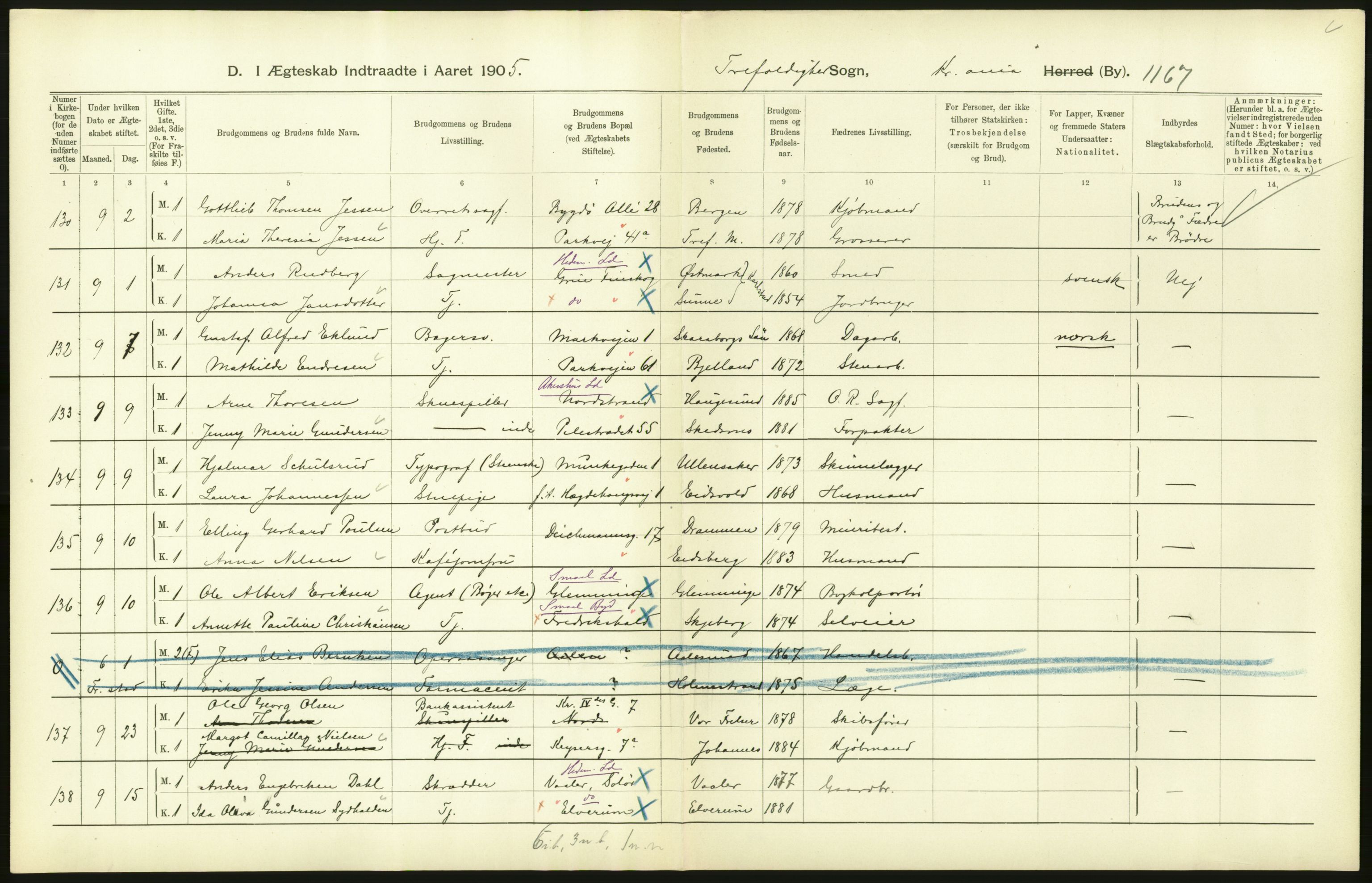 Statistisk sentralbyrå, Sosiodemografiske emner, Befolkning, AV/RA-S-2228/D/Df/Dfa/Dfac/L0007b: Kristiania: Gifte, 1905, p. 262