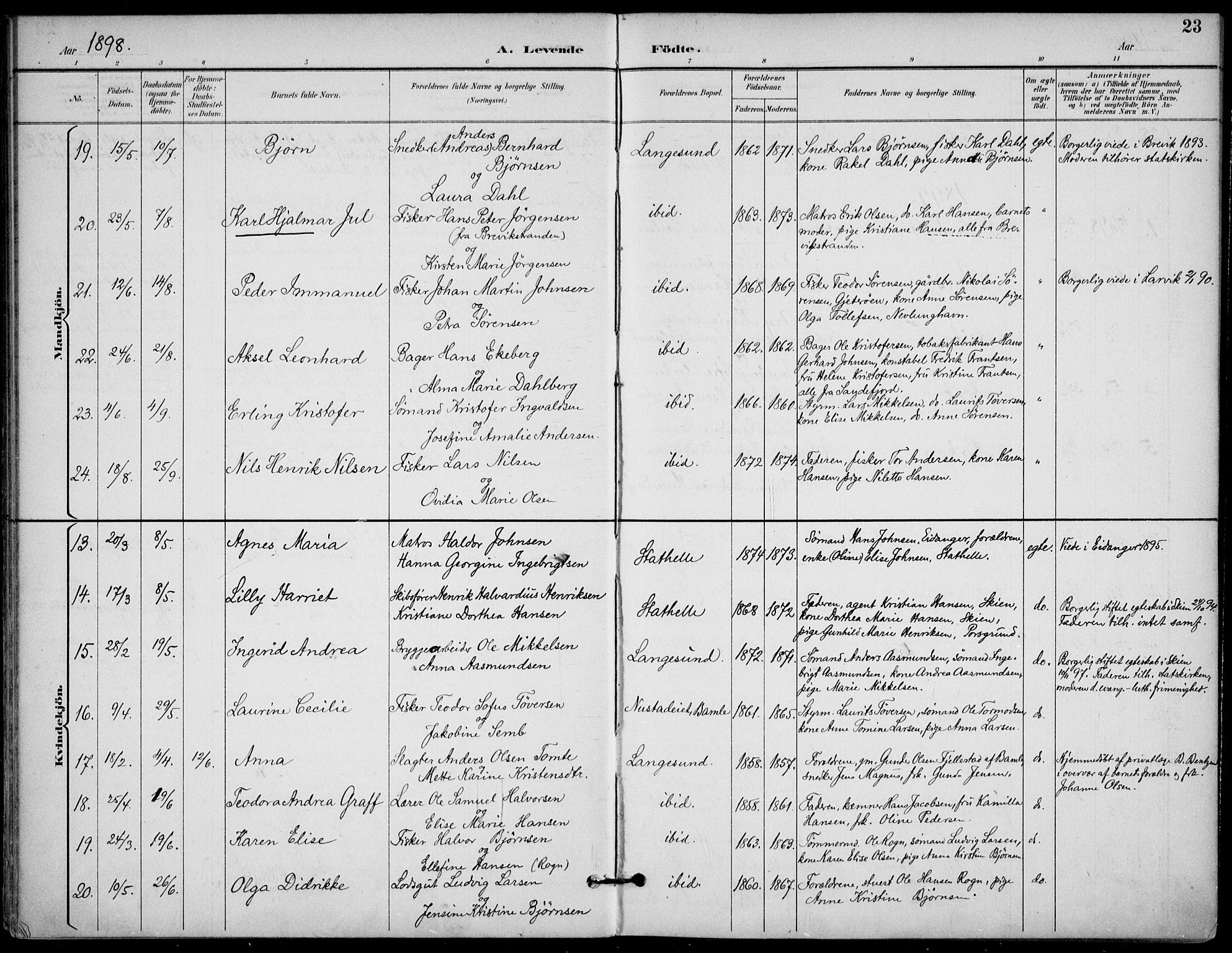 Langesund kirkebøker, AV/SAKO-A-280/F/Fa/L0003: Parish register (official) no. 3, 1893-1907, p. 23