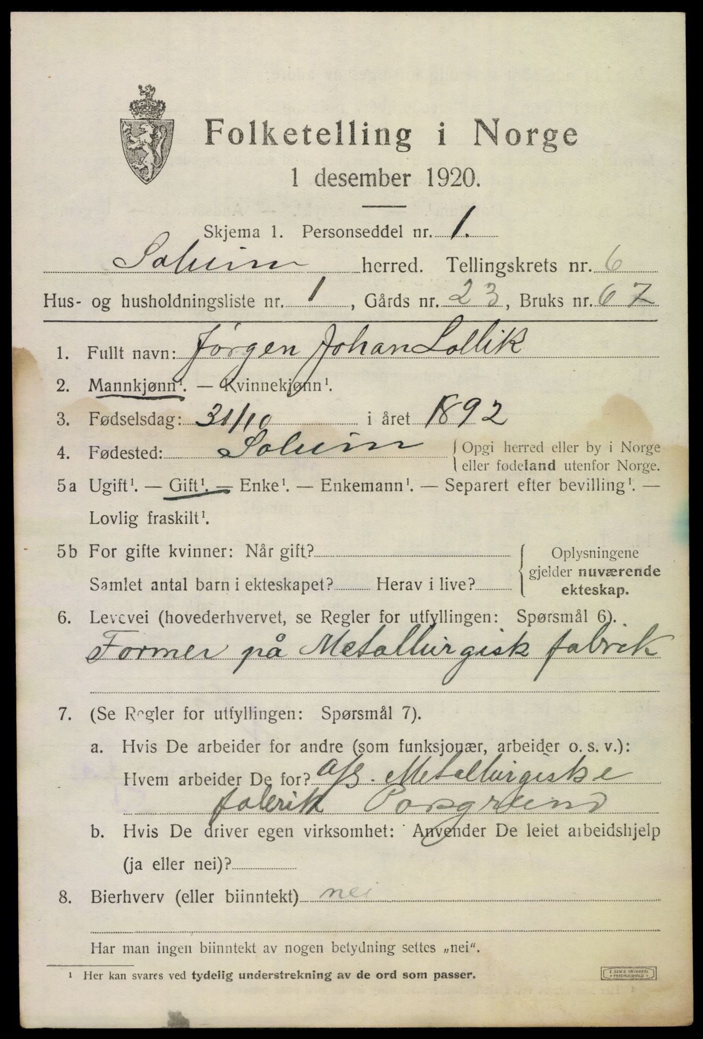 SAKO, 1920 census for Solum, 1920, p. 13170