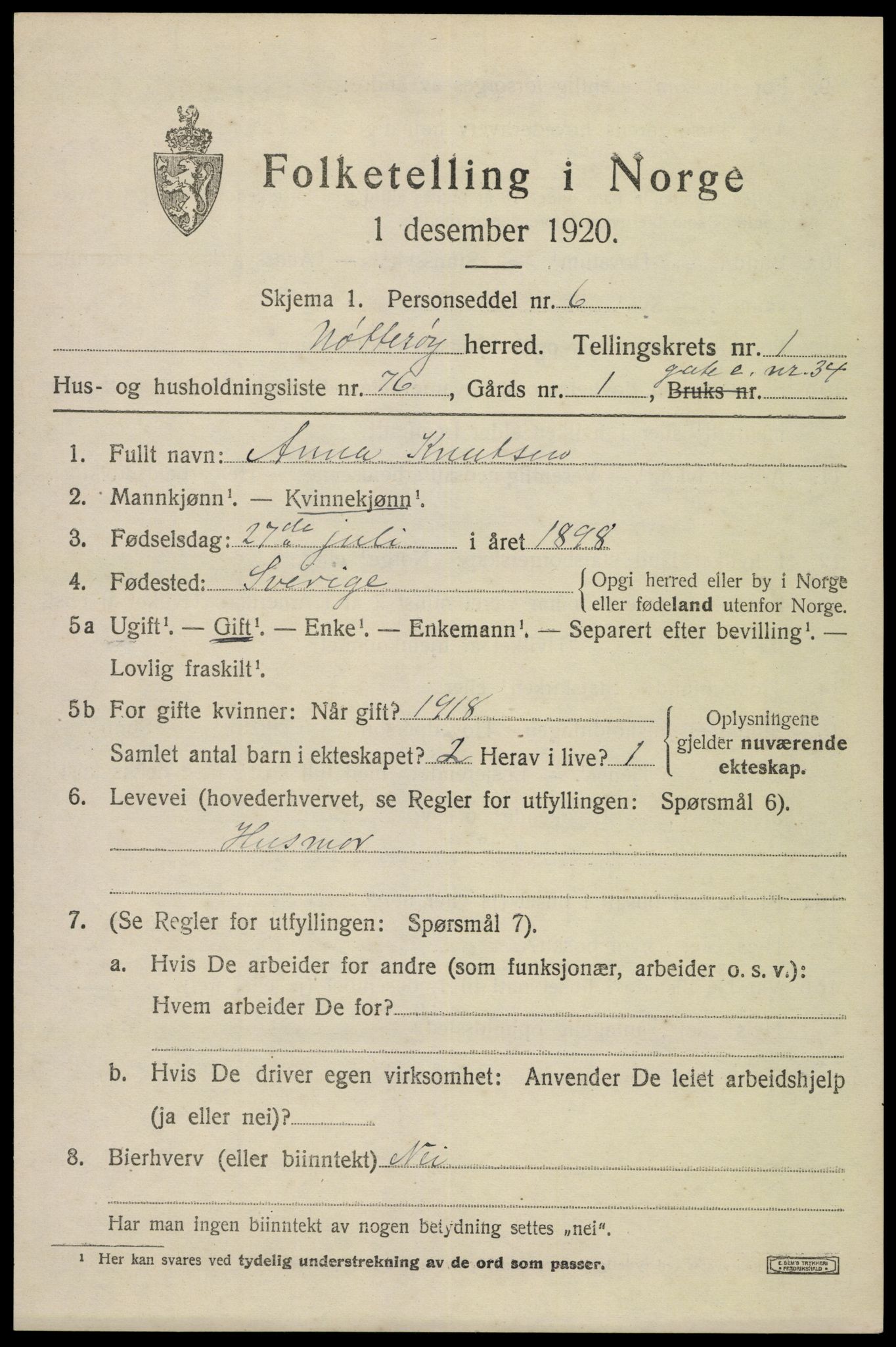 SAKO, 1920 census for Nøtterøy, 1920, p. 3843