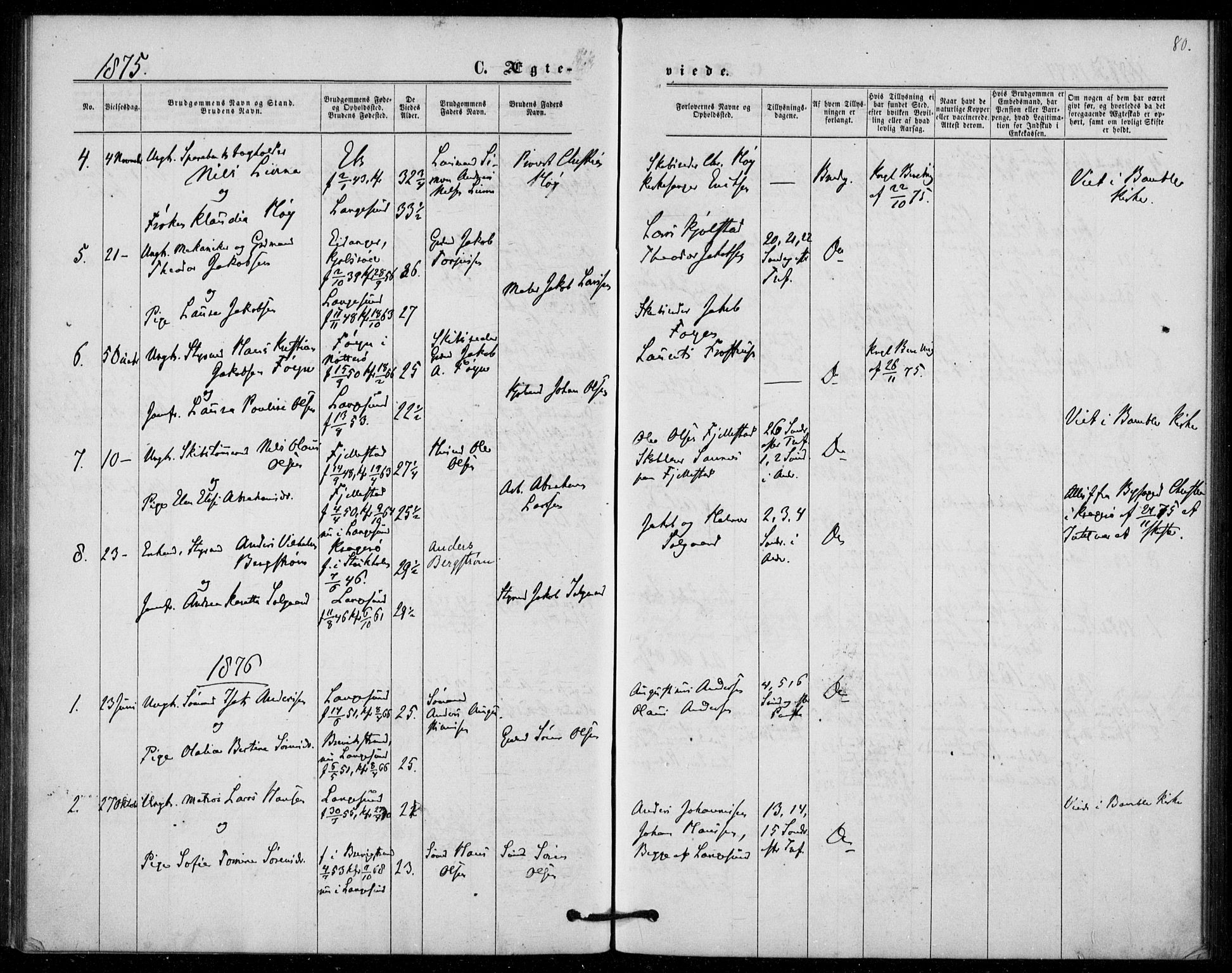 Langesund kirkebøker, AV/SAKO-A-280/F/Fa/L0001: Parish register (official) no. 1, 1870-1877, p. 80