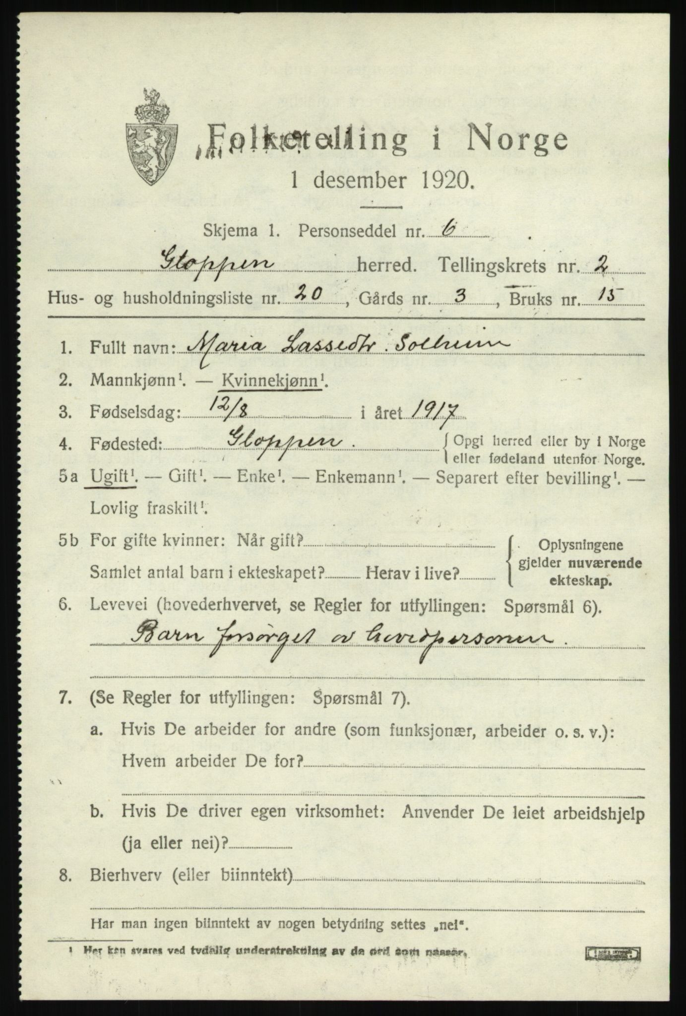 SAB, 1920 census for Gloppen, 1920, p. 1474