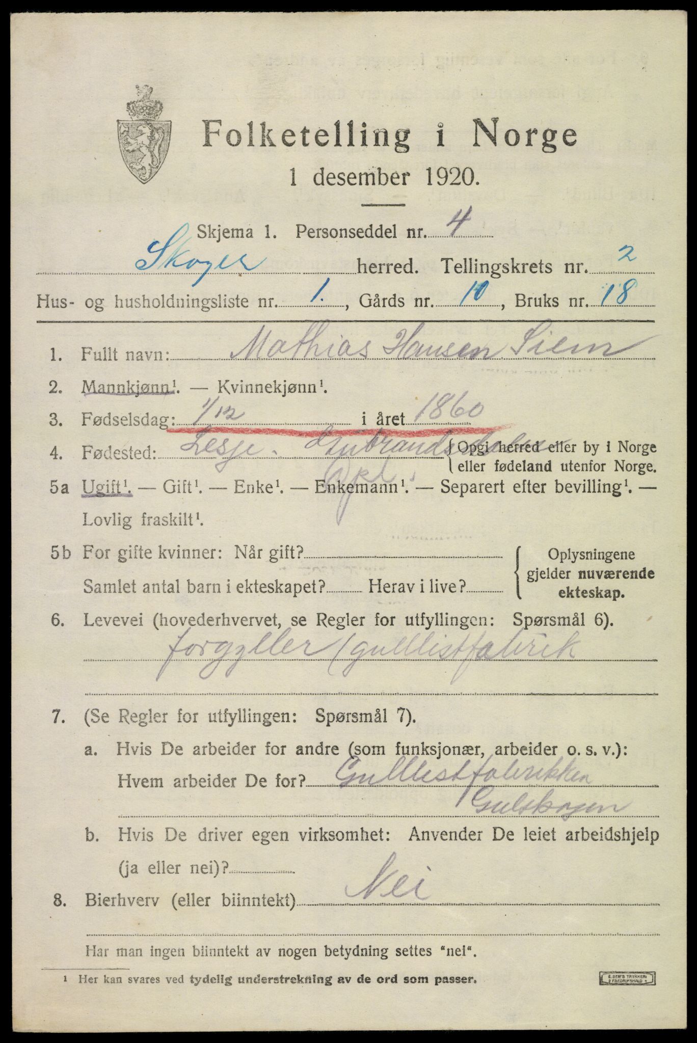 SAKO, 1920 census for Skoger, 1920, p. 4211