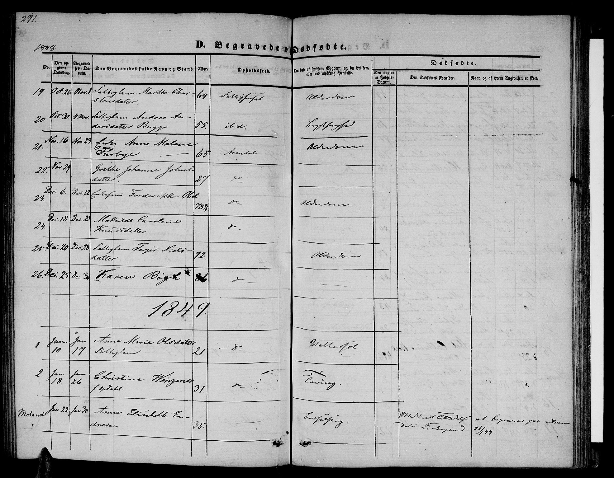 Arendal sokneprestkontor, Trefoldighet, SAK/1111-0040/F/Fb/L0002: Parish register (copy) no. B 2, 1838-1860, p. 291