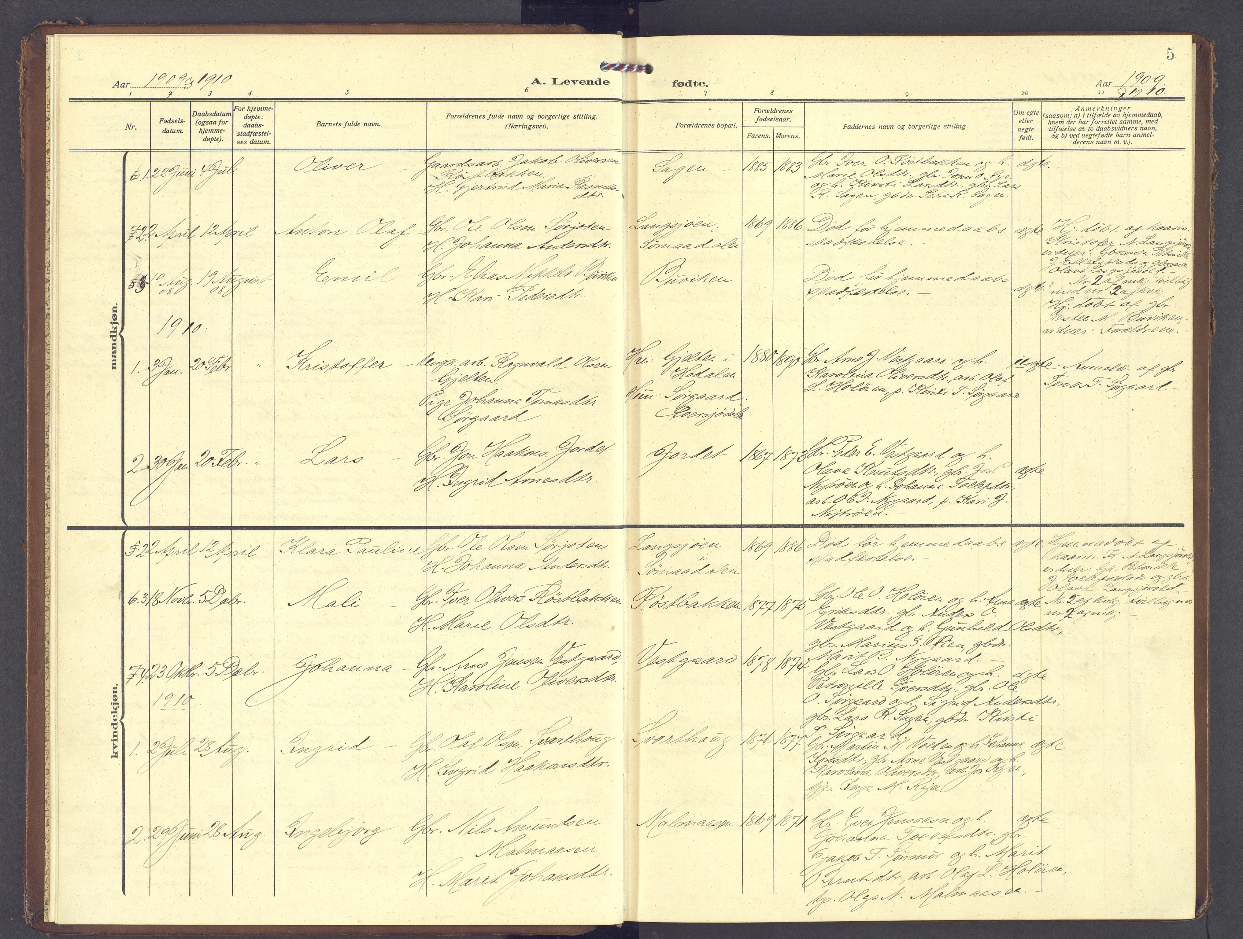 Tolga prestekontor, SAH/PREST-062/K/L0013: Parish register (official) no. 13, 1908-1915, p. 5