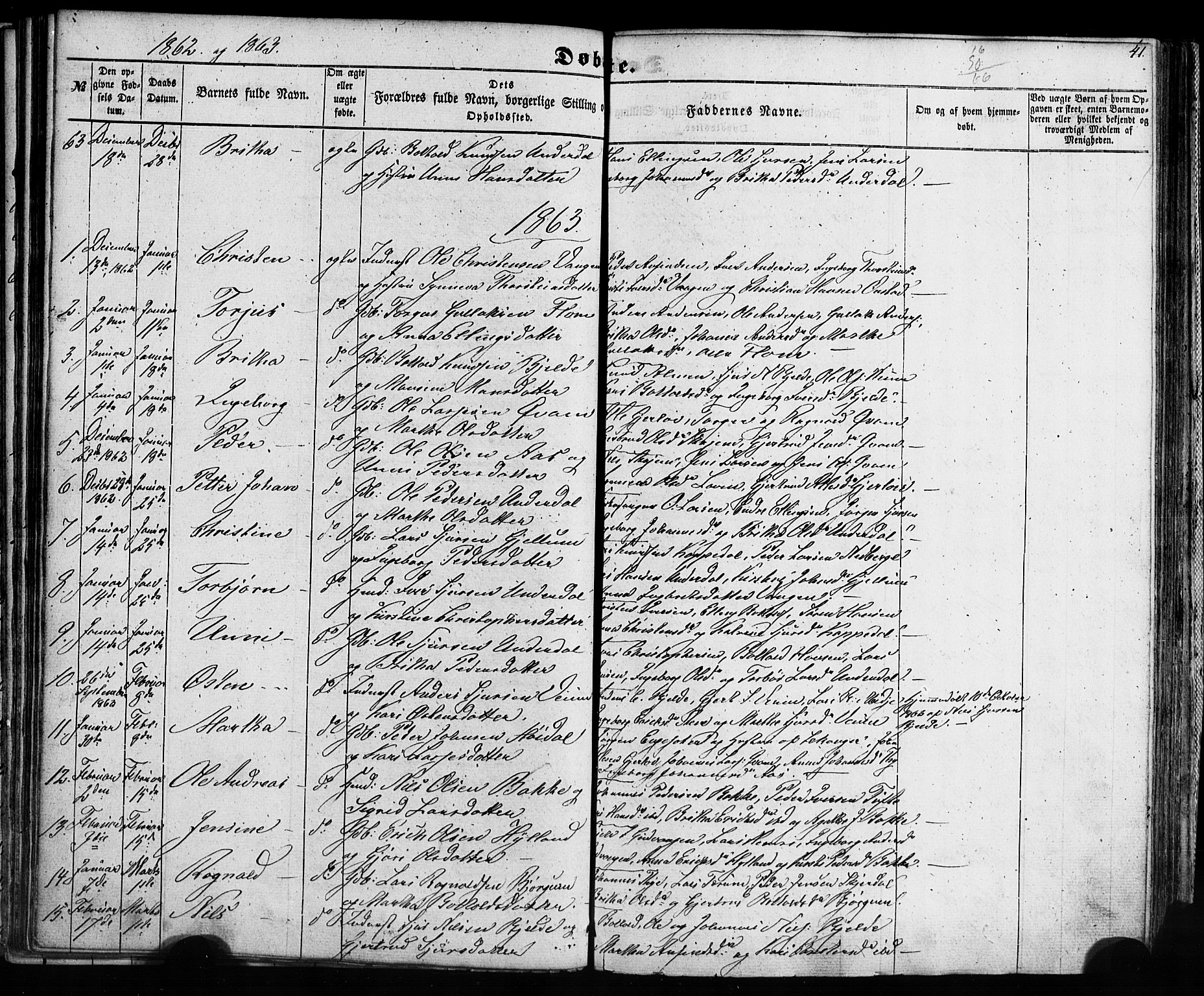 Aurland sokneprestembete, SAB/A-99937/H/Ha/Haa/L0008: Parish register (official) no. A 8, 1853-1879, p. 41