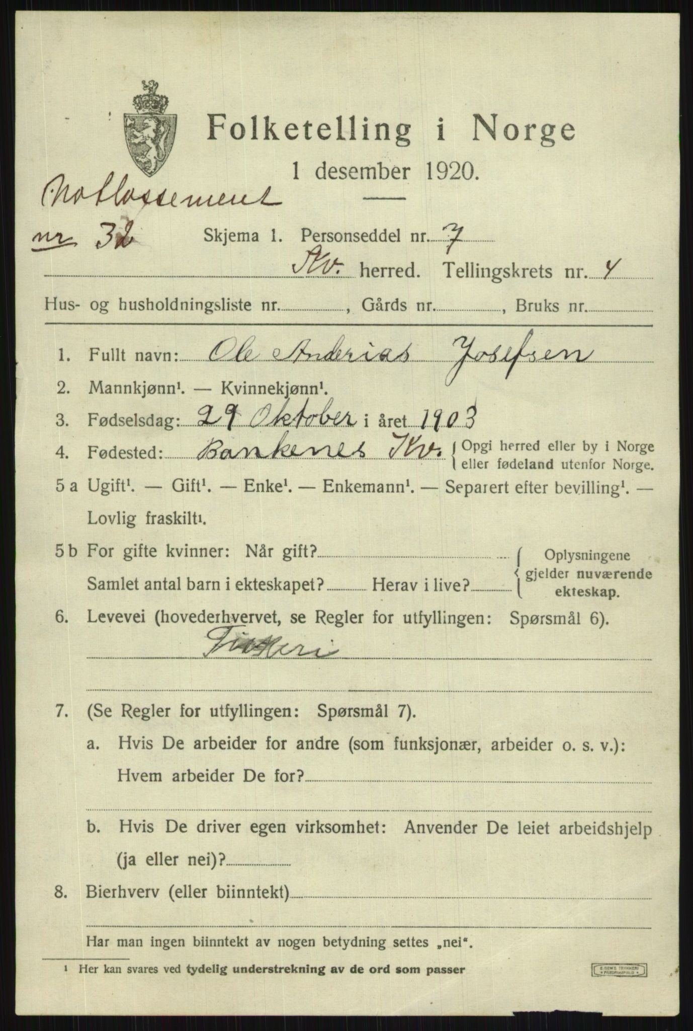 SATØ, 1920 census for Kvænangen, 1920, p. 3068