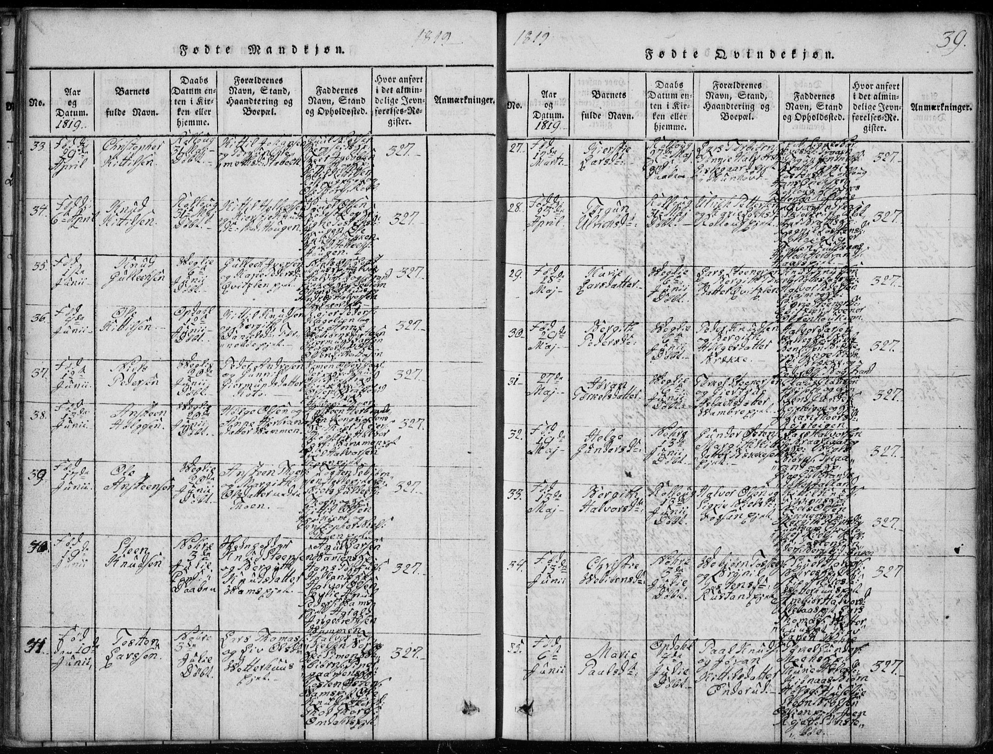 Rollag kirkebøker, AV/SAKO-A-240/G/Ga/L0001: Parish register (copy) no. I 1, 1814-1831, p. 39