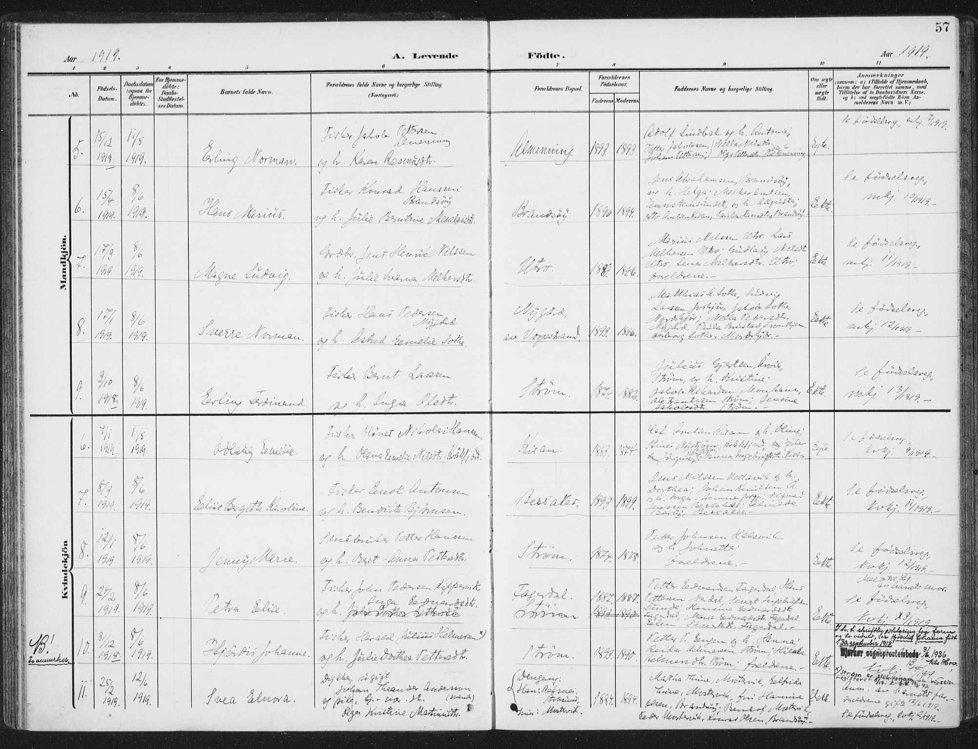 Ministerialprotokoller, klokkerbøker og fødselsregistre - Sør-Trøndelag, SAT/A-1456/657/L0709: Parish register (official) no. 657A10, 1905-1919, p. 57