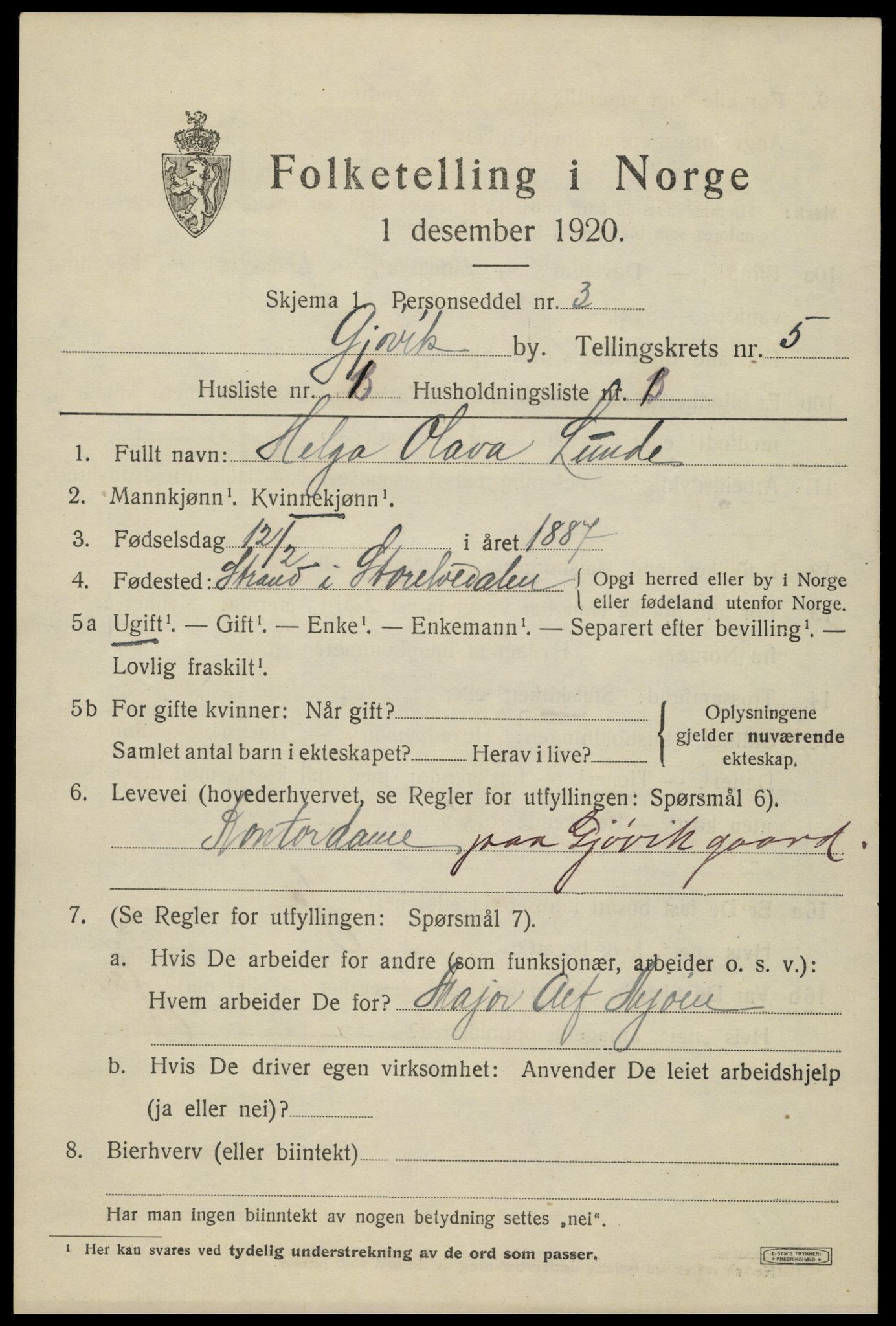 SAH, 1920 census for Gjøvik, 1920, p. 10002