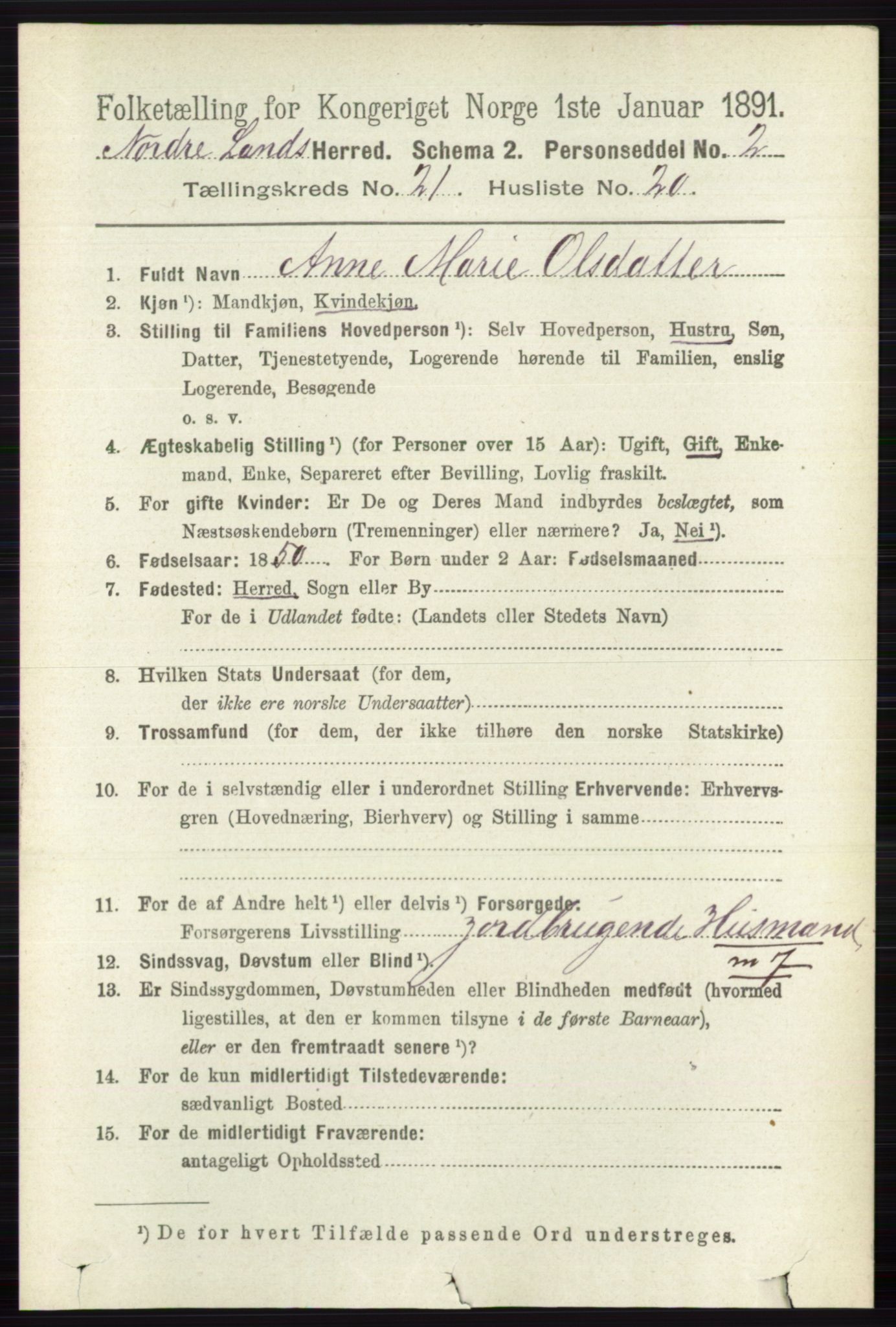 RA, 1891 census for 0538 Nordre Land, 1891, p. 5391