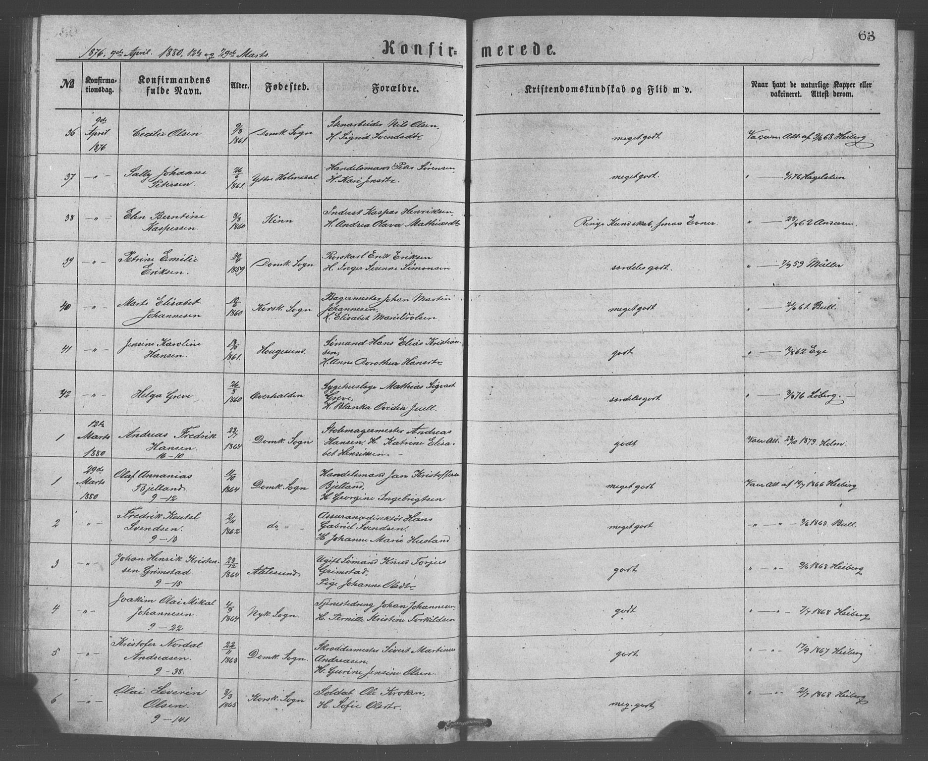 Domkirken sokneprestembete, SAB/A-74801/H/Haa/L0065: Curate's parish register no. A 3, 1874-1880, p. 63