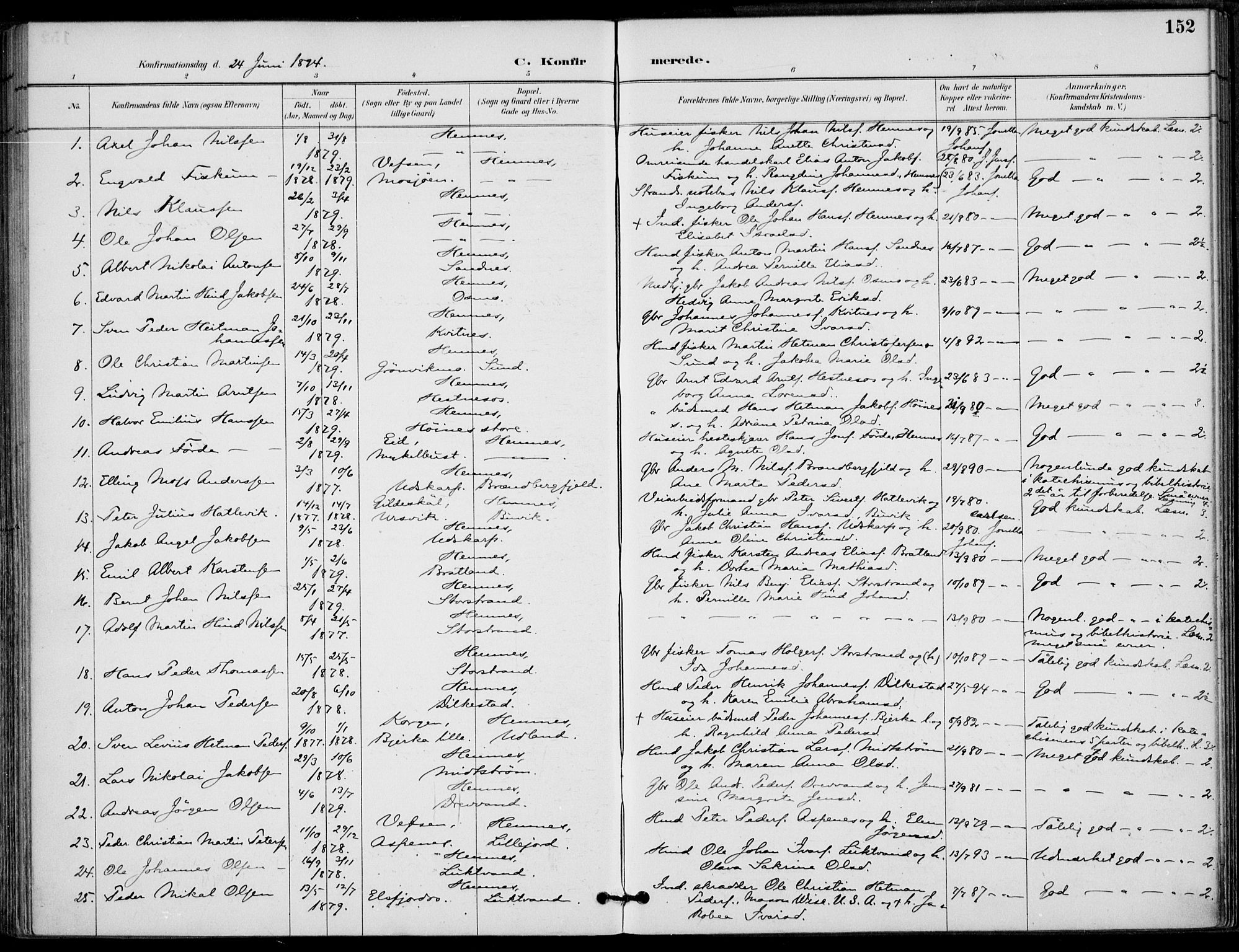 Ministerialprotokoller, klokkerbøker og fødselsregistre - Nordland, SAT/A-1459/825/L0362: Parish register (official) no. 825A16, 1886-1908, p. 152