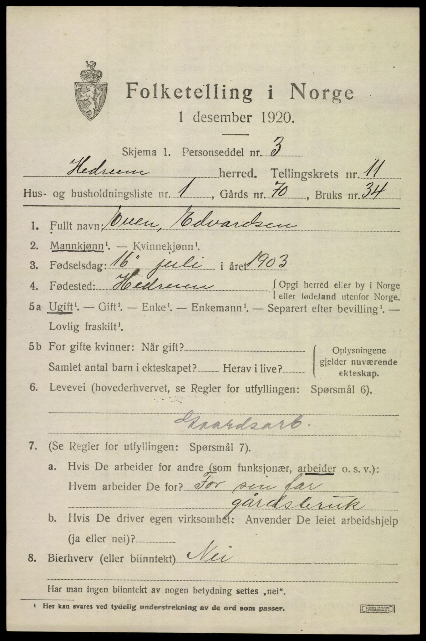 SAKO, 1920 census for Hedrum, 1920, p. 7609