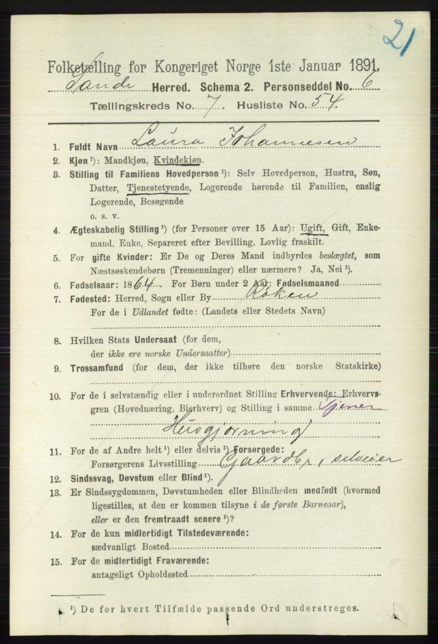 RA, 1891 census for 0713 Sande, 1891, p. 3459