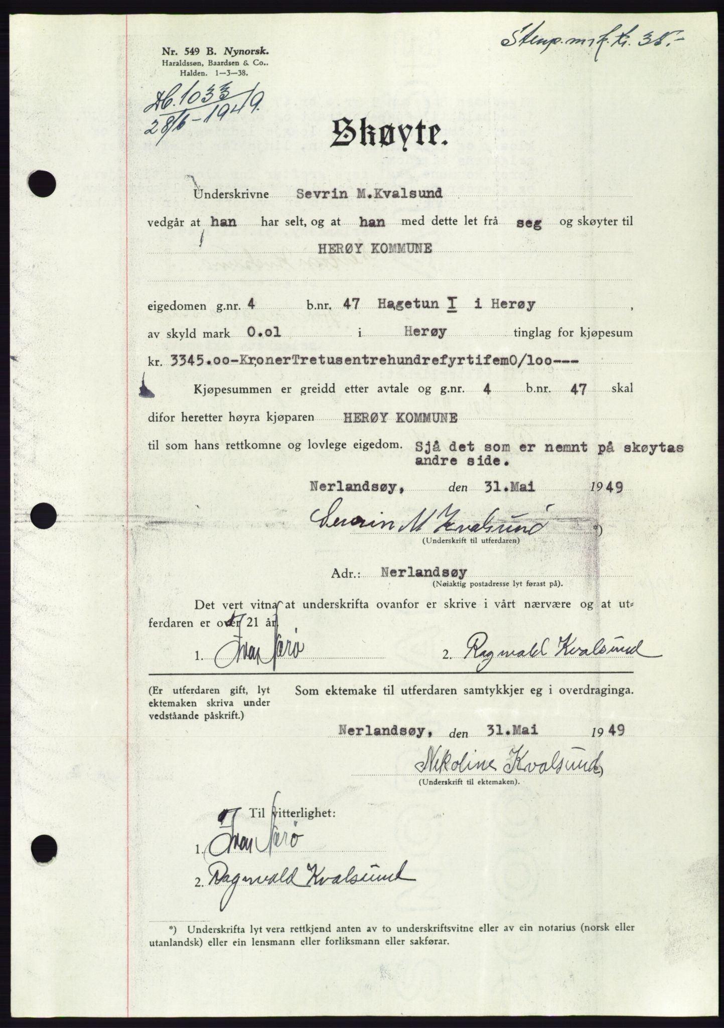 Søre Sunnmøre sorenskriveri, AV/SAT-A-4122/1/2/2C/L0084: Mortgage book no. 10A, 1949-1949, Diary no: : 1033/1949