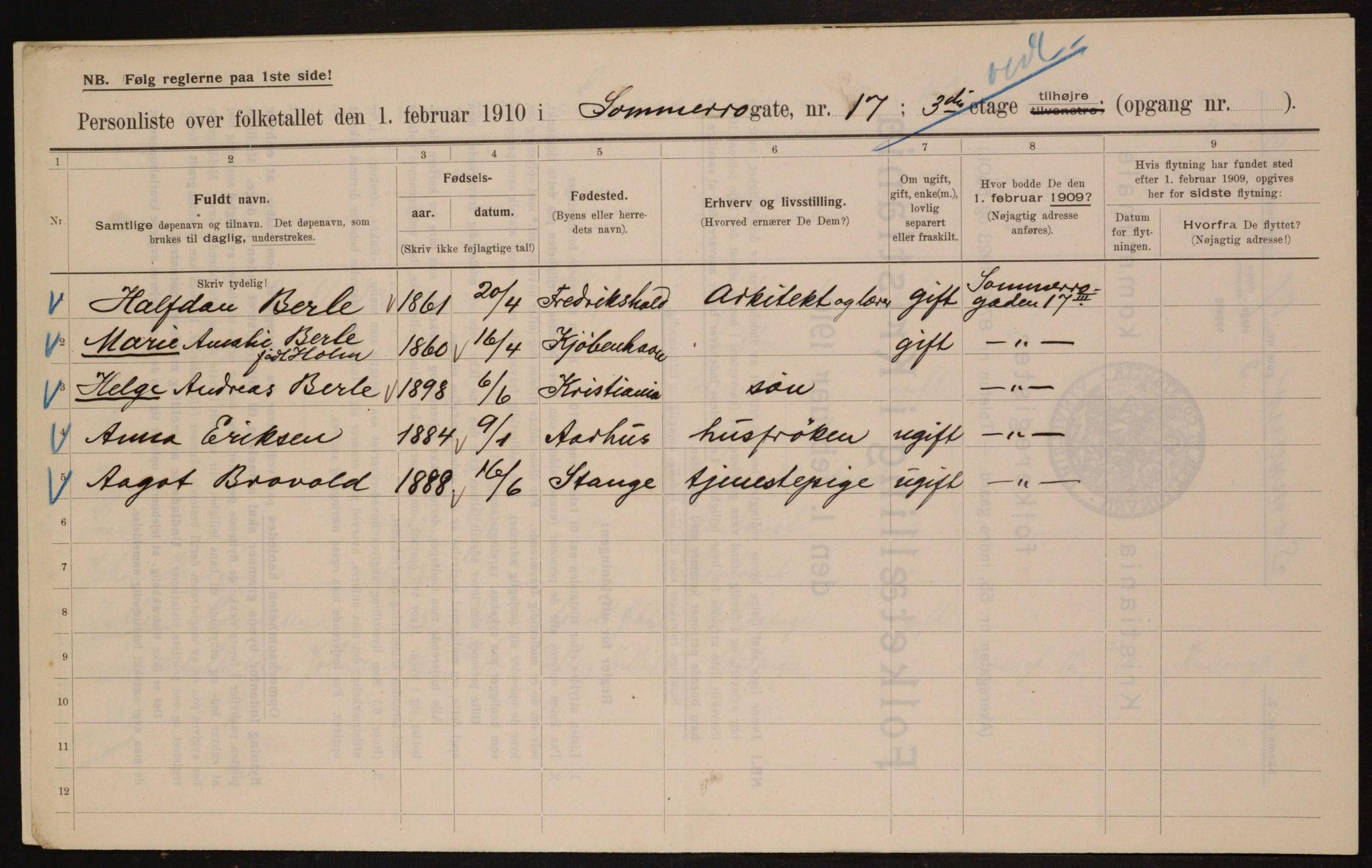 OBA, Municipal Census 1910 for Kristiania, 1910, p. 95046